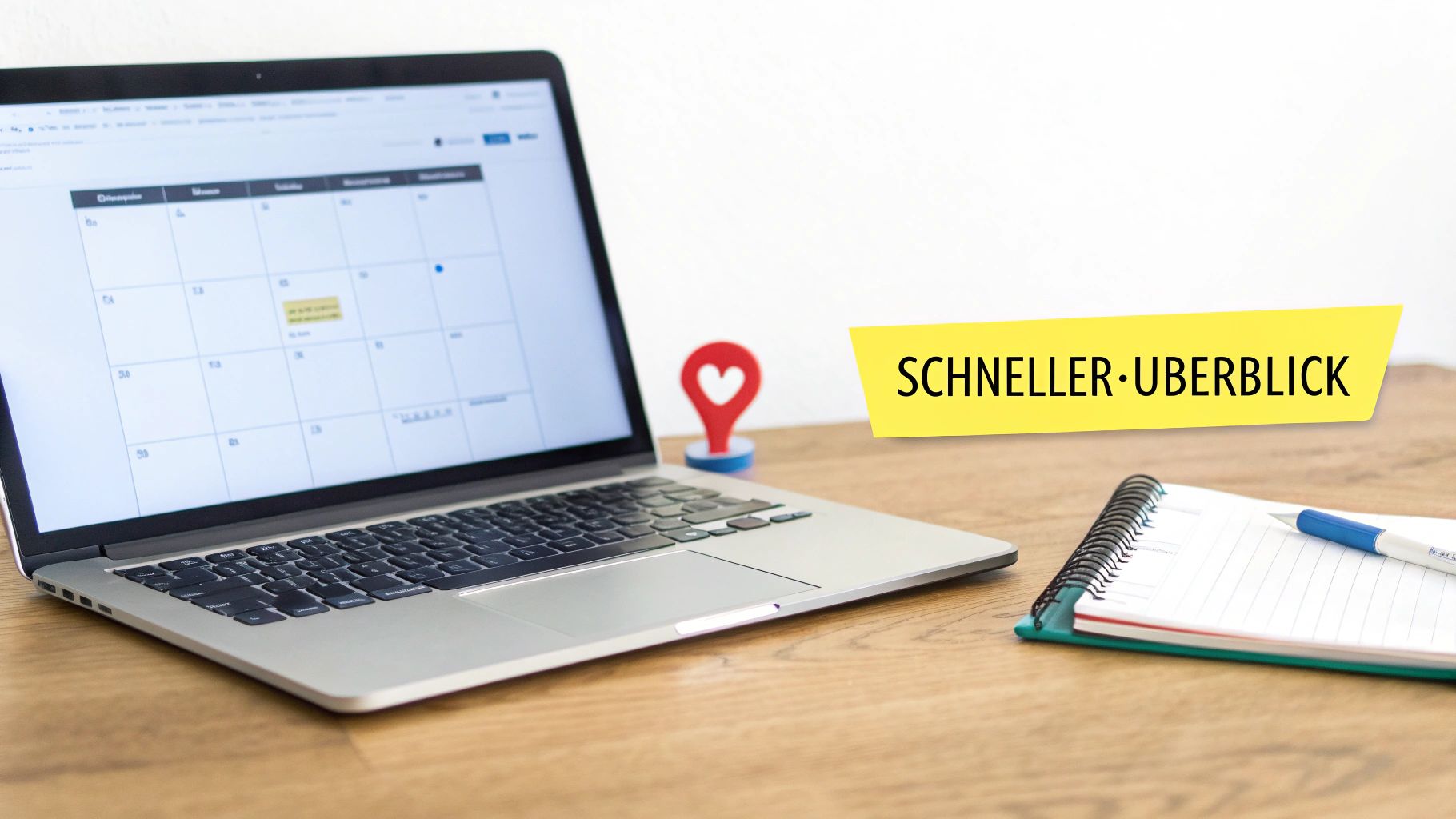 Arbeitsplatz mit Laptop, Kalender-App, Notizbuch und Stift auf Holztisch. Gelbes Banner mit 'SCHNELLER ÜBERBLICK'.