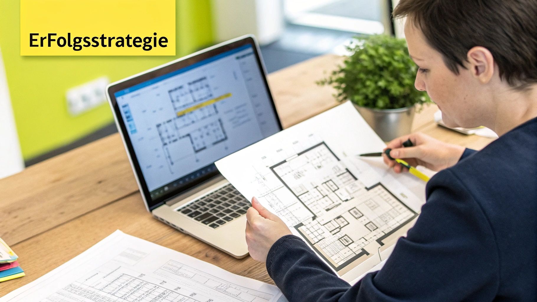 Eine Person plant strategisch ihre Wohnungssuche auf einer Karte.