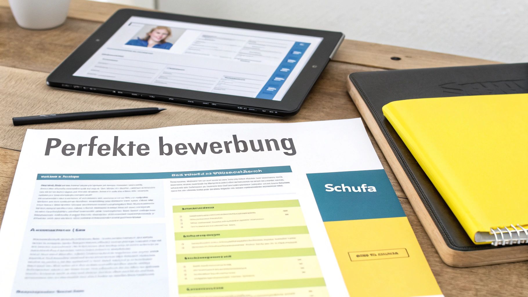 Ein Schreibtisch mit einer Bewerbungsunterlage, Tablet mit Lebenslauf, Stift und Notizbuch, symbolisiert eine erfolgreiche Jobsuche.