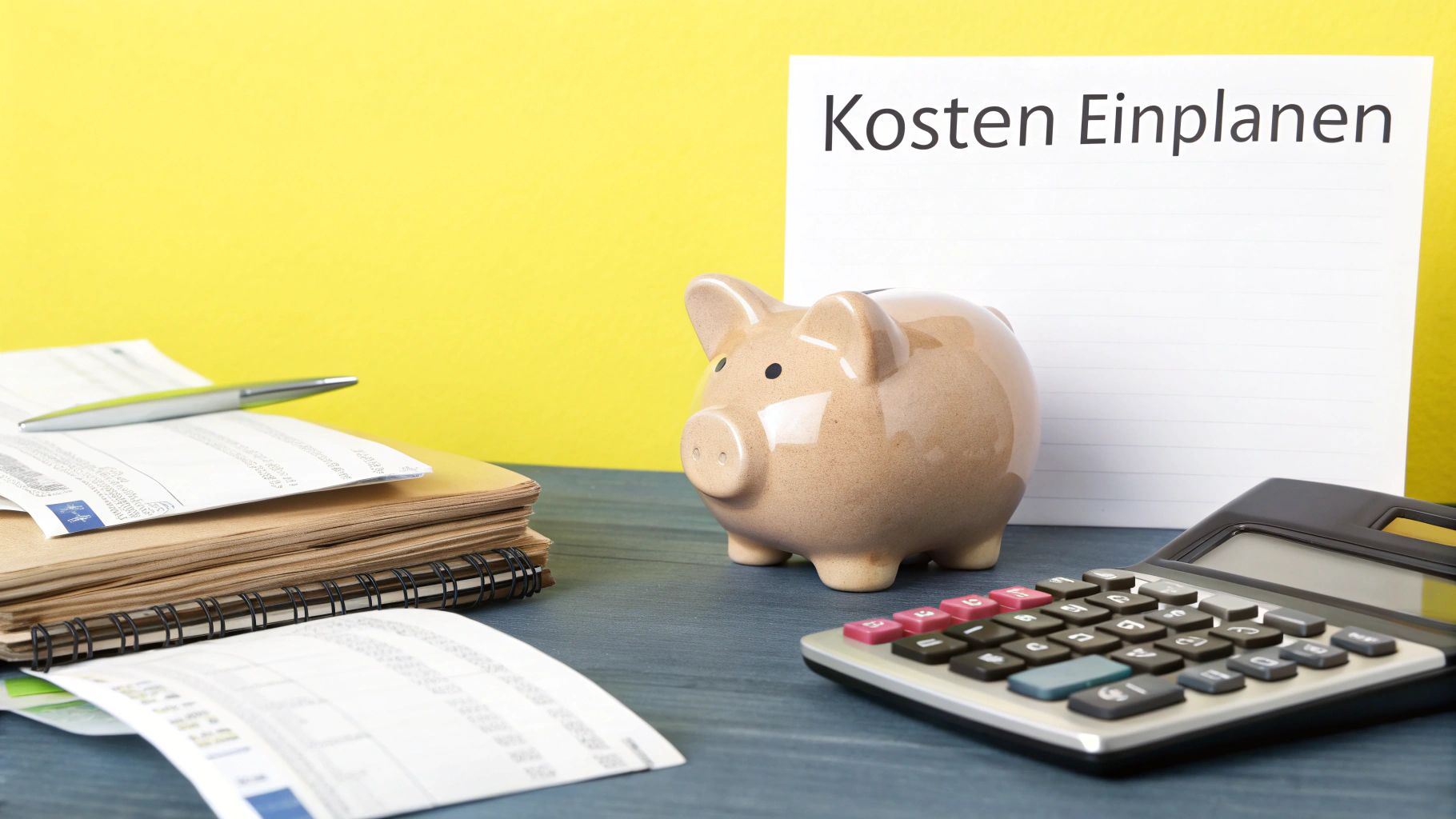 Ein Sparschwein, Taschenrechner und Dokumente liegen auf einem Tisch neben einer Notiz mit 'Kosten Einplanen'.