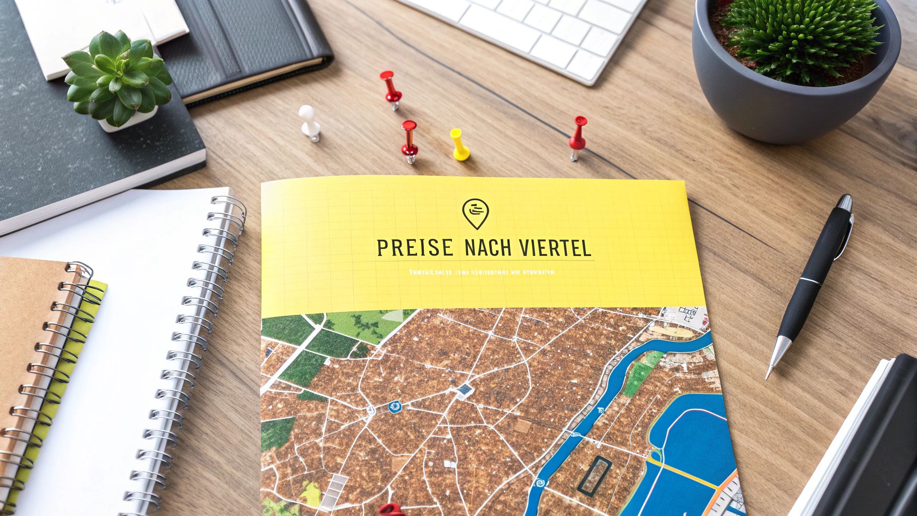 Übersicht eines Stadtplans mit Preisen nach Viertel und Büromaterialien auf einem Holztisch.