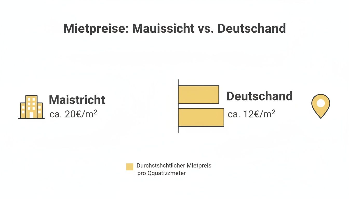 Mietpreisvergleich zwischen Maastricht (ca. 20€/m²) und Deutschland (ca. 12€/m²) pro Quadratmeter.