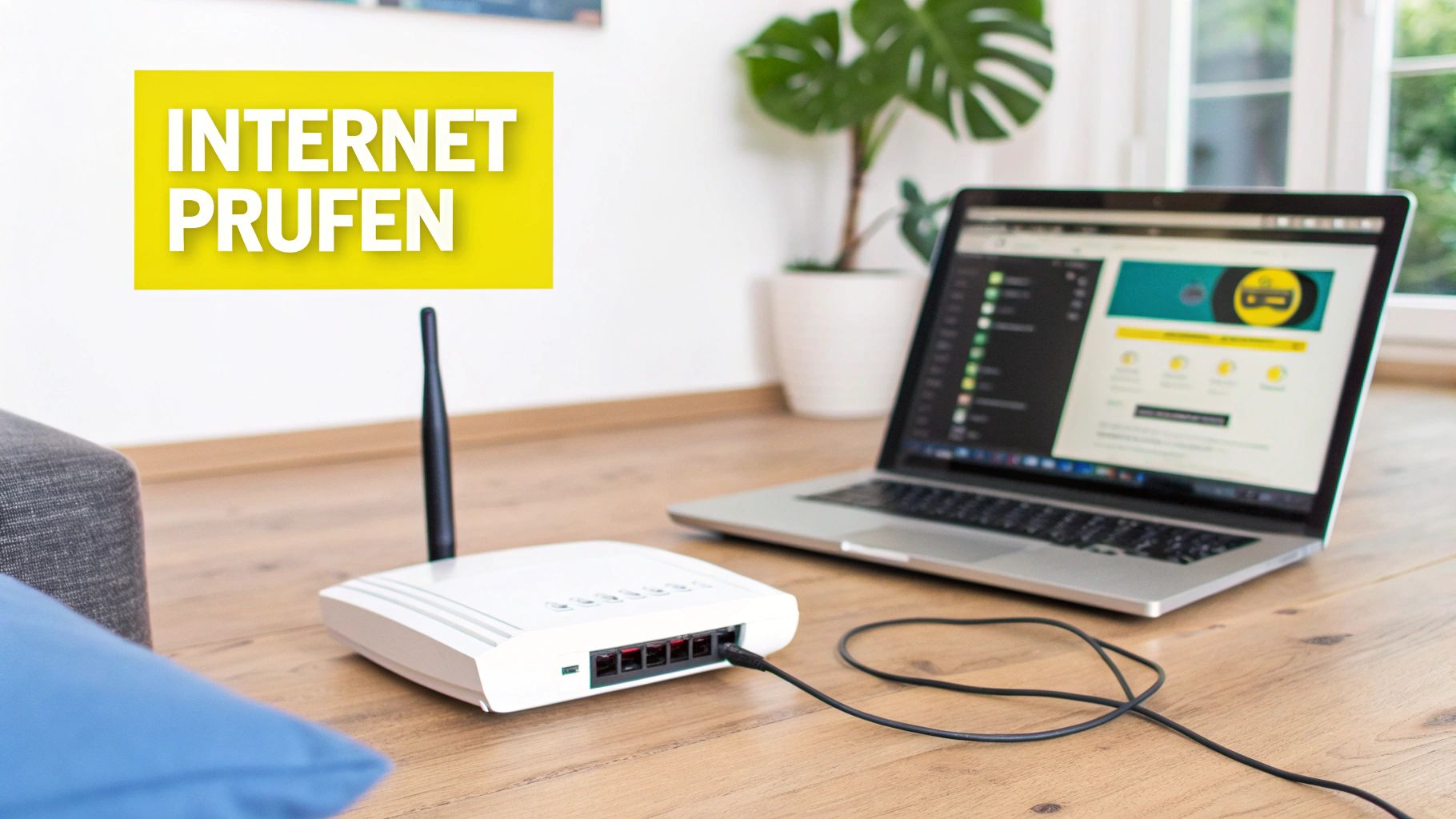 Ein weißer WLAN-Router ist mit einem Laptop auf einem Holzboden verbunden, im Vordergrund ein Kissen und im Hintergrund eine Pflanze und ein Fenster. Ein gelbes Feld zeigt den Text "INTERNET PRÜFEN".