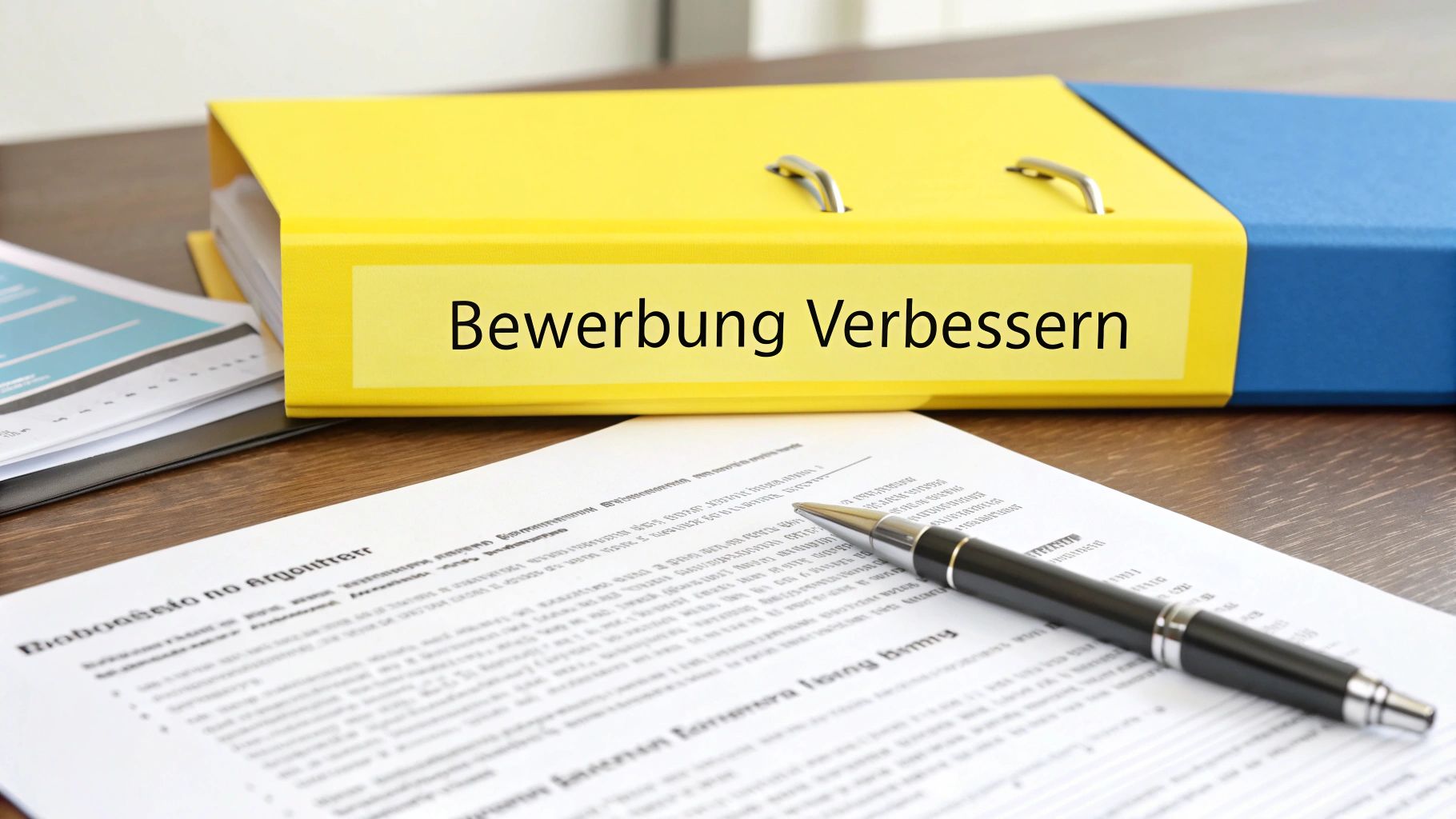 Gelber Ordner mit der Aufschrift 'Bewerbung Verbessern' und einem Stift auf Dokumenten.