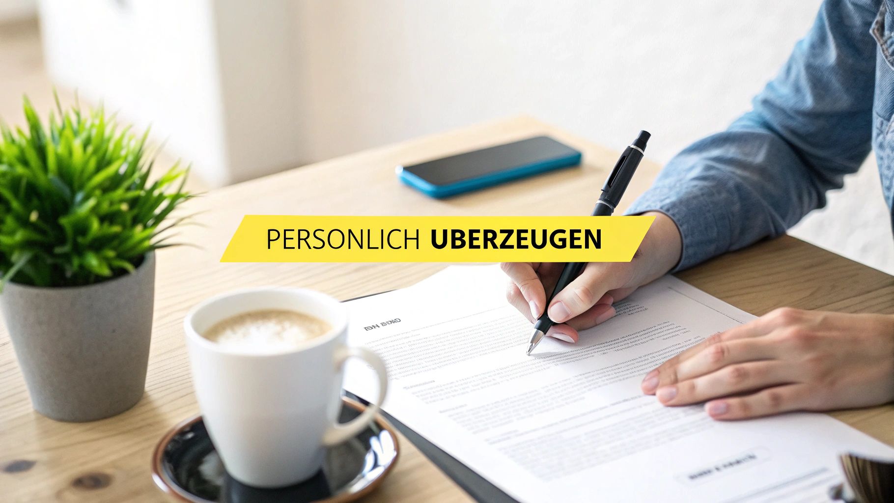 Eine Person schreibt an einem Schreibtisch eine persönliche Notiz in eine Karte.