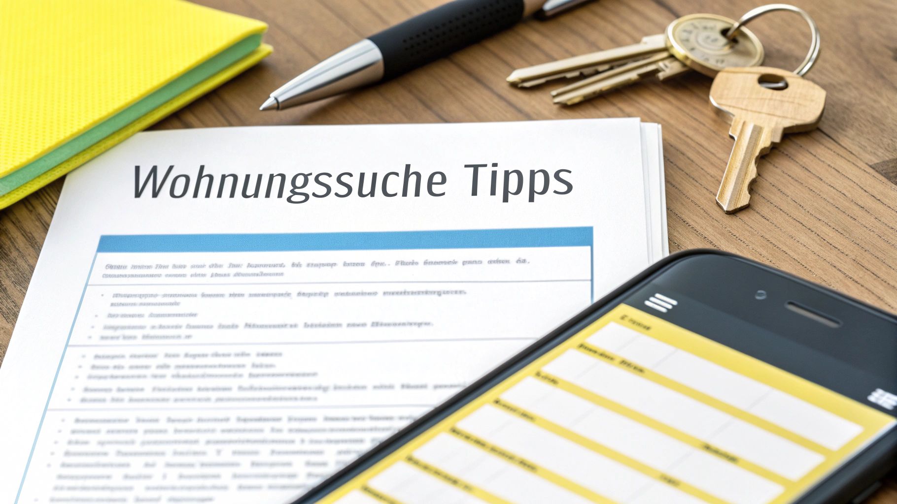 Ein Dokument mit dem Titel 'Wohnungssuche Tipps' liegt auf einem Holztisch, daneben Stift, Schlüssel und Smartphone.