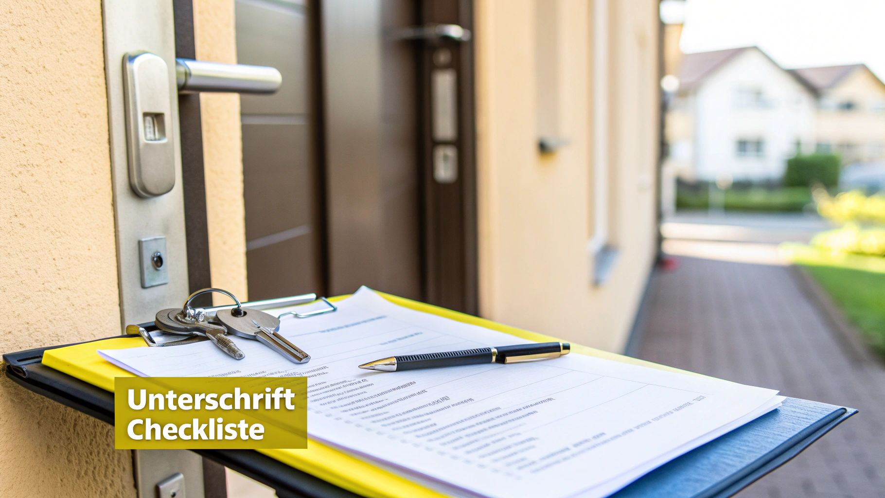 Schlüssel, Stift und Unterschrifts-Checkliste auf Klemmbrett vor einer Haustür und einem Haus im Hintergrund.