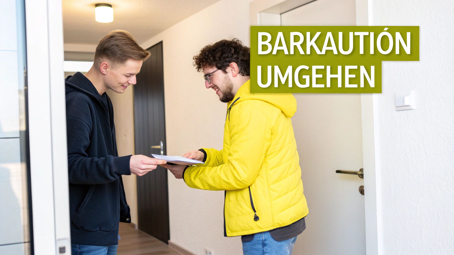 Zwei junge Männer tauschen Dokumente in einem Flur aus, mit Text "BARKAUTIÓN UMGEHEN".