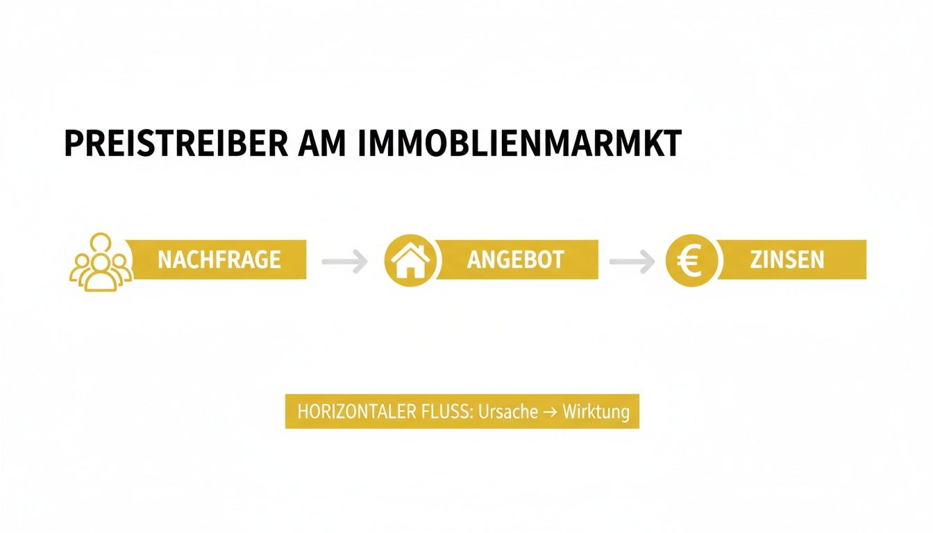 Diagramm zu Preistreibern am Immobilienmarkt: Nachfrage, Angebot und Zinsen im Ursache-Wirkung-Fluss.