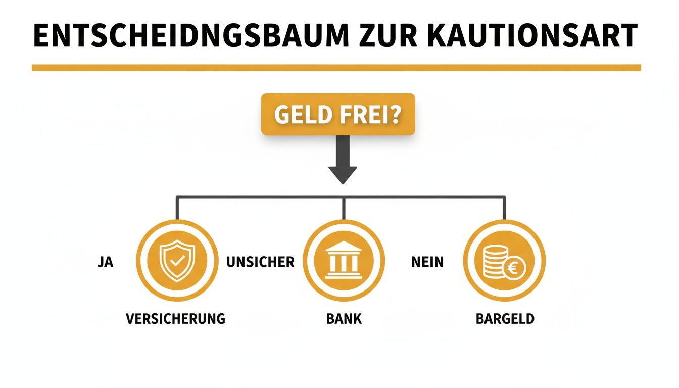 Entscheidungsbaum zur Kautionsart: Eine Anleitung zur Wahl zwischen Versicherung, Bank oder Bargeld als Kaution, basierend auf der Geldverfügbarkeit.