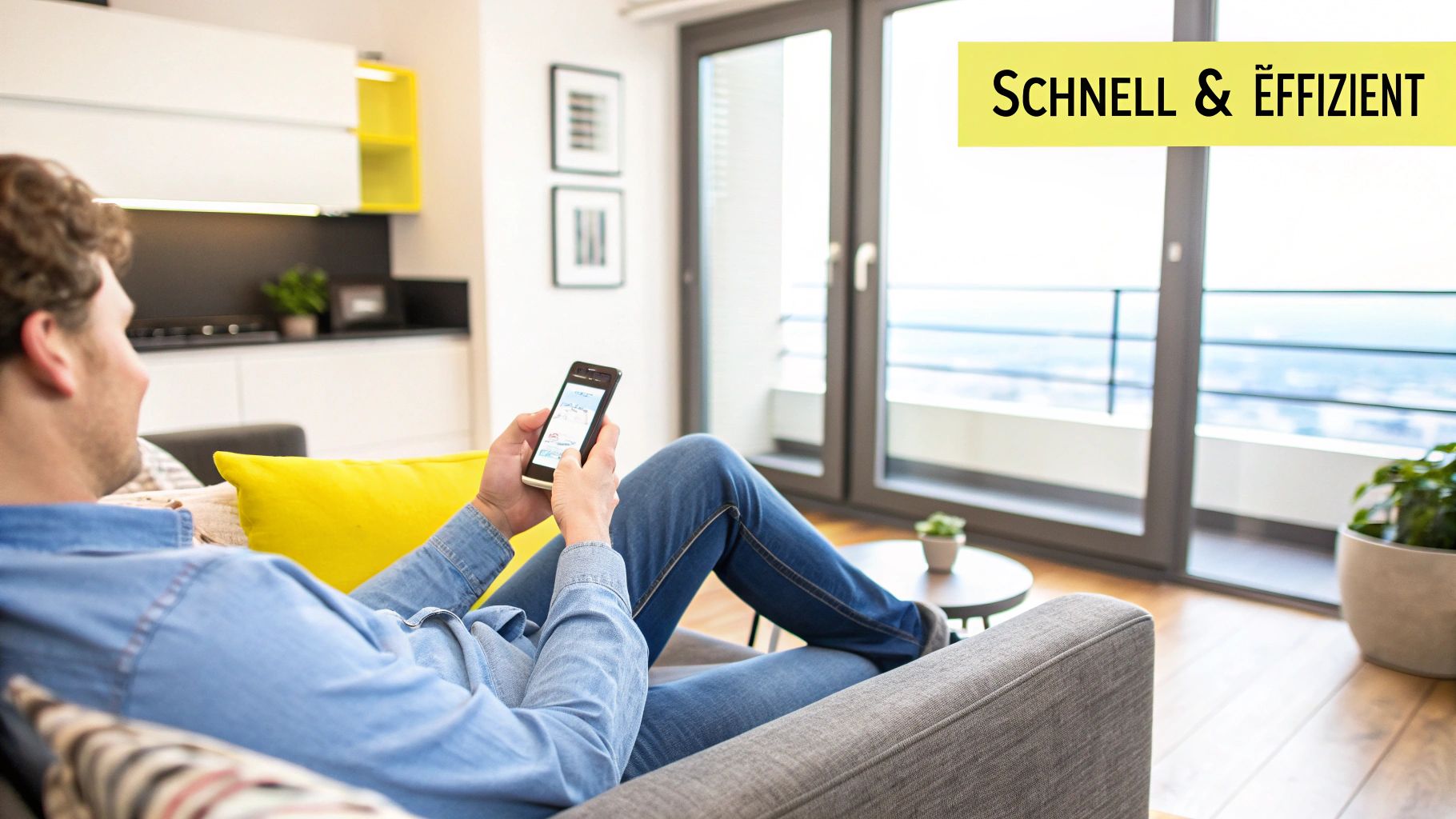 Eine Person erhält auf ihrem Smartphone eine Benachrichtigung über eine neue Wohnung, während sie entspannt einen Kaffee trinkt.
