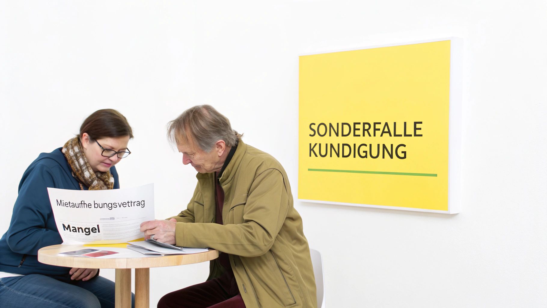 Zwei Personen prüfen Mietvertragsdokumente an einem Tisch, im Hintergrund ein Schild mit „Sonderfälle Kündigung“.