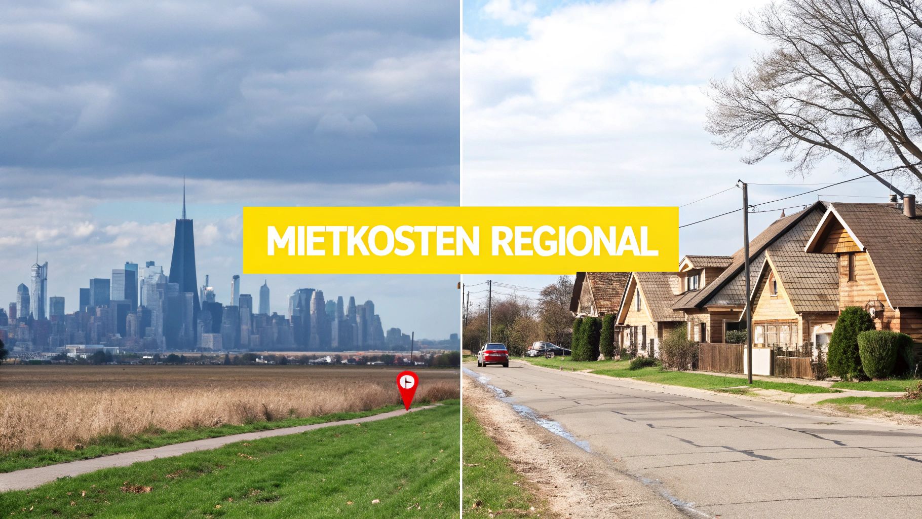 Bildvergleich von Stadt- und Landleben mit dem Schriftzug 'MIETKOSTEN REGIONAL' in der Mitte.