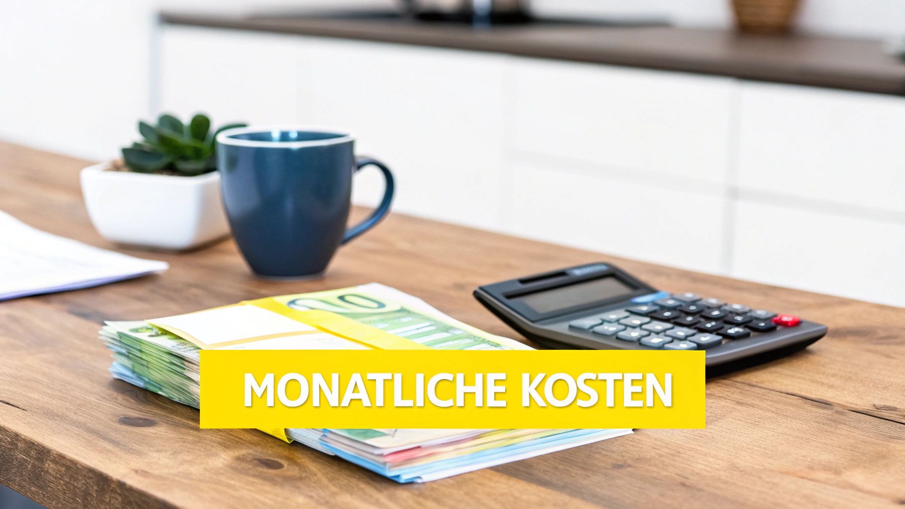 Ein Stapel Euro-Banknoten, ein Taschenrechner und Papiere auf einem Holztisch mit der Aufschrift 'MONATLICHE KOSTEN'.