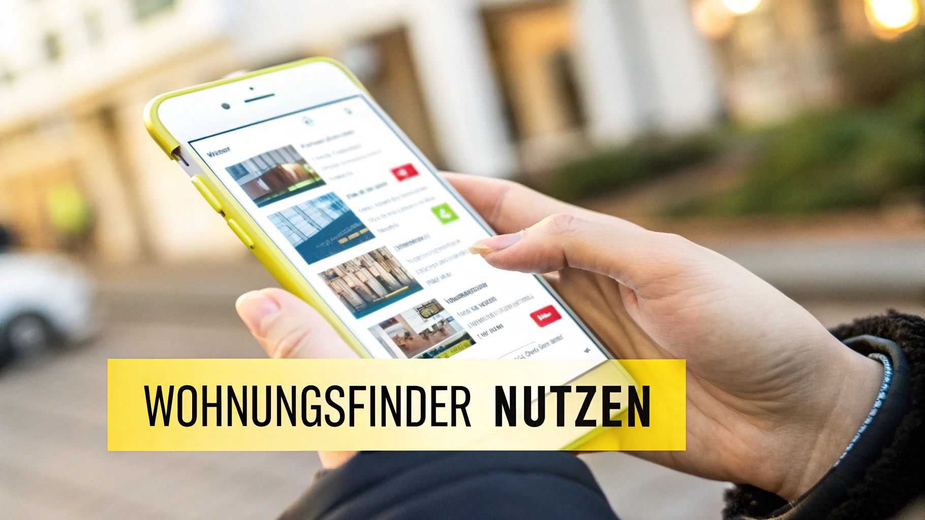 Eine Person nutzt auf ihrem Smartphone eine Wohnungsfinder-App, um Immobilienangebote zu suchen. Der Text sagt: 'Wohnungsfinder nutzen'.