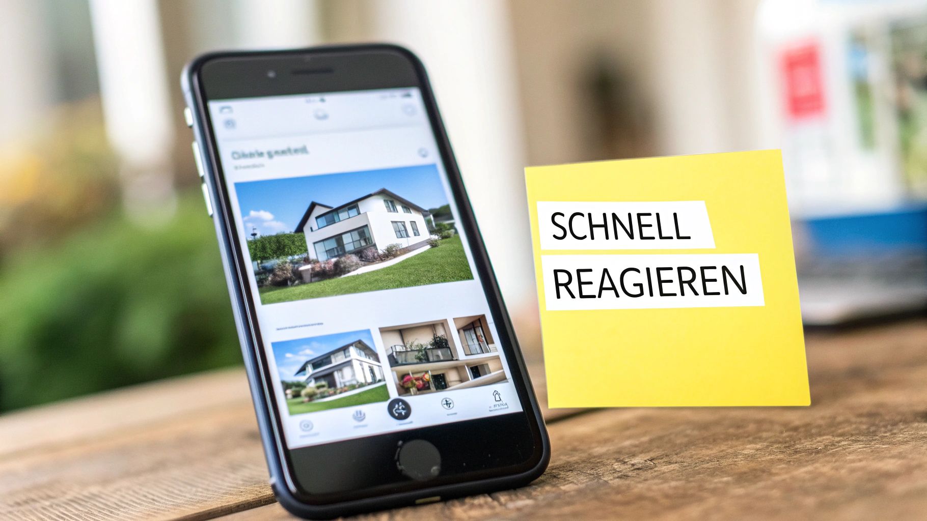 Smartphone zeigt Immobilienangebote und eine Notiz 'SCHNELL REAGIEREN' – digitale Immobiliensuche für Wohnungen.