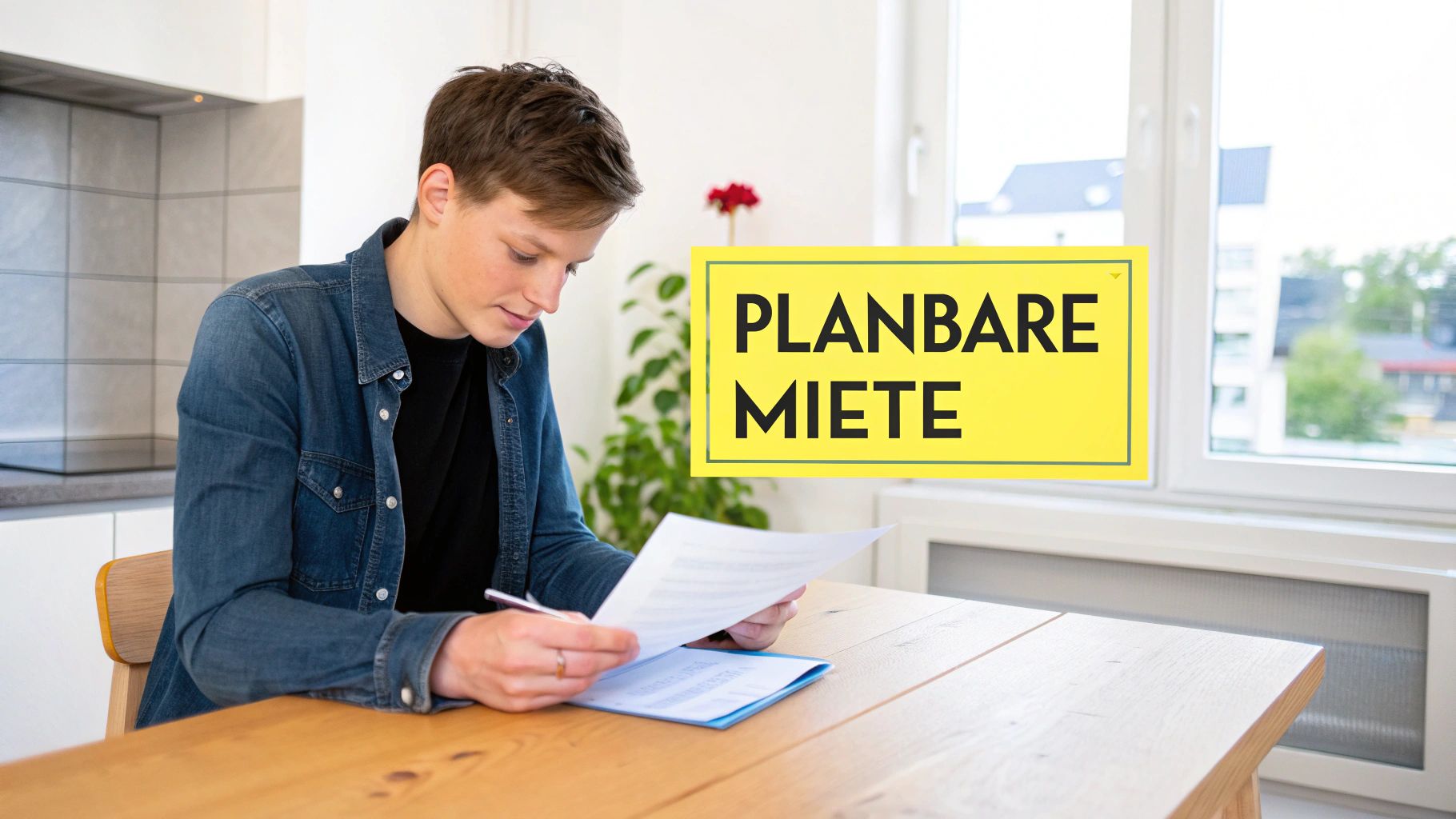 Junger Mann prüft konzentriert Dokumente am Tisch, im Hintergrund ein gelbes Schild mit „PLANBARE MIETE“.