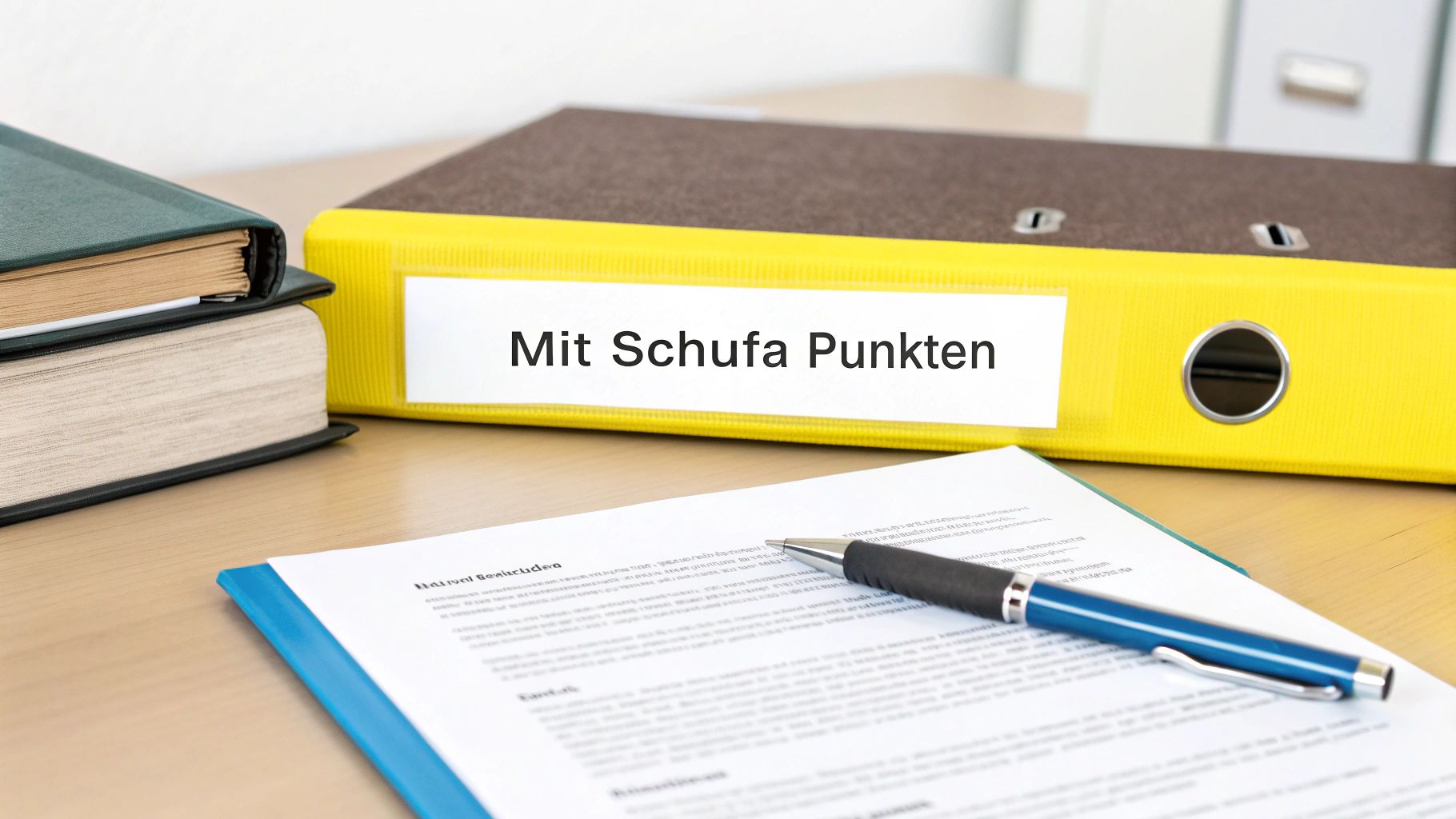 Gelber Ordner mit der Aufschrift 'Mit Schufa Punkten' auf einem Schreibtisch neben Büchern und einem Dokument mit Stift.