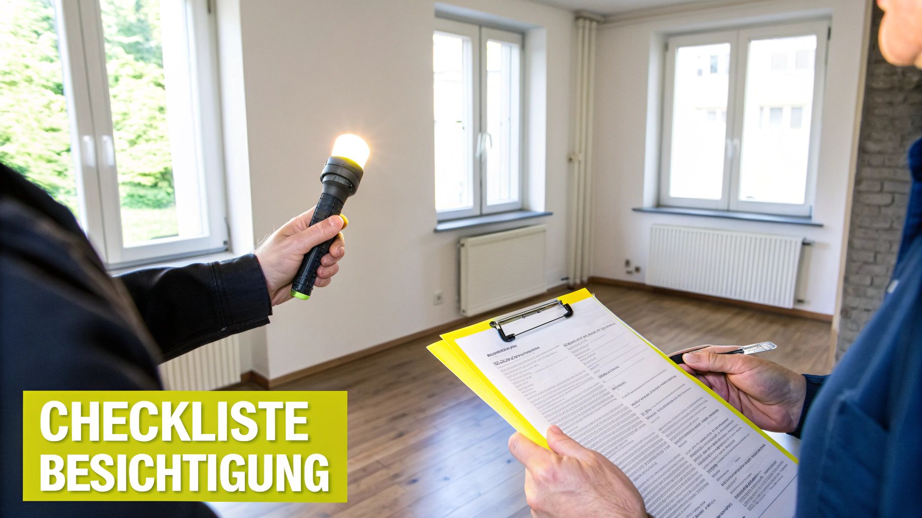 Zwei Personen besichtigen eine leere Wohnung. Eine Person leuchtet mit einer Taschenlampe, die andere hält eine Checkliste.