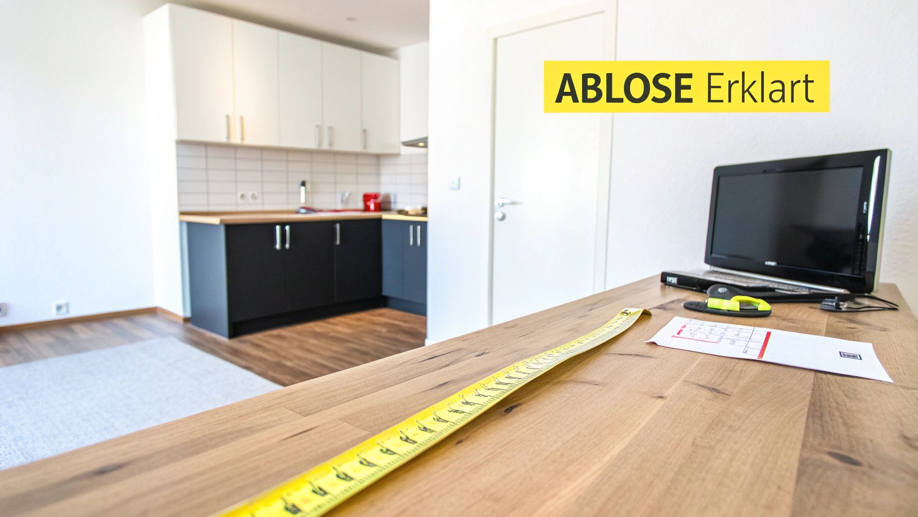 Modernes Apartment mit Küche und Schreibtisch, darauf Laptop und Zollstock. Der Text 'ABLOSE Erklart' ist eingeblendet.