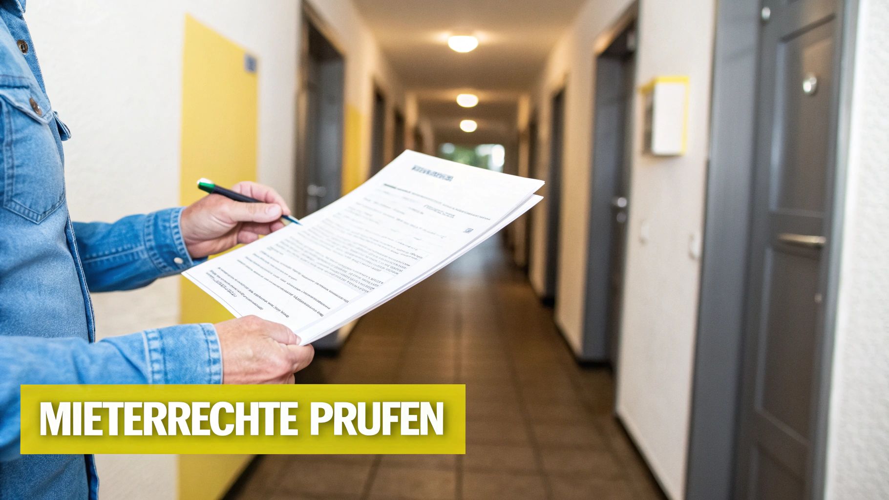 Eine Person im Jeanshemd prüft Mietdokumente mit einem Stift in einem Flur eines Wohnhauses.