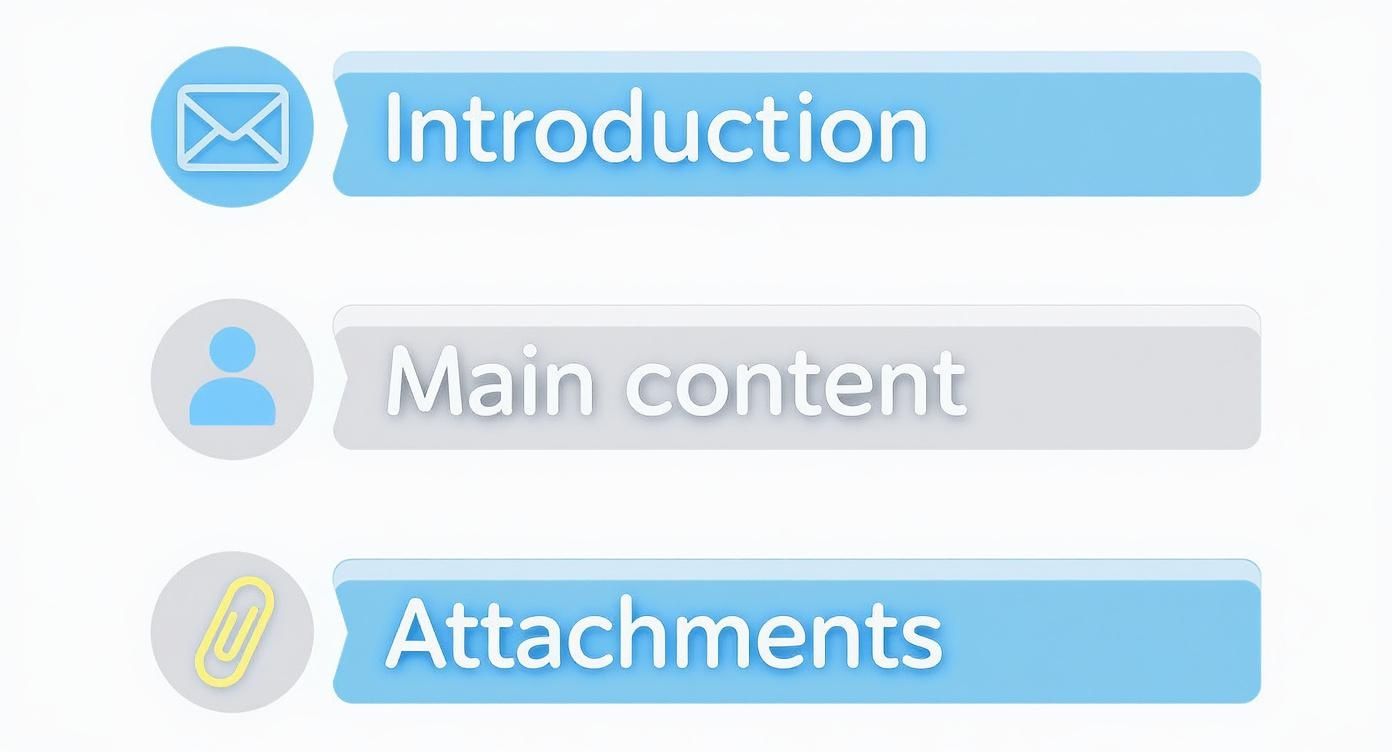 E-Mail-Struktur mit drei Abschnitten: Einleitung, Hauptinhalt und Anhänge in blau und grau dargestellt
