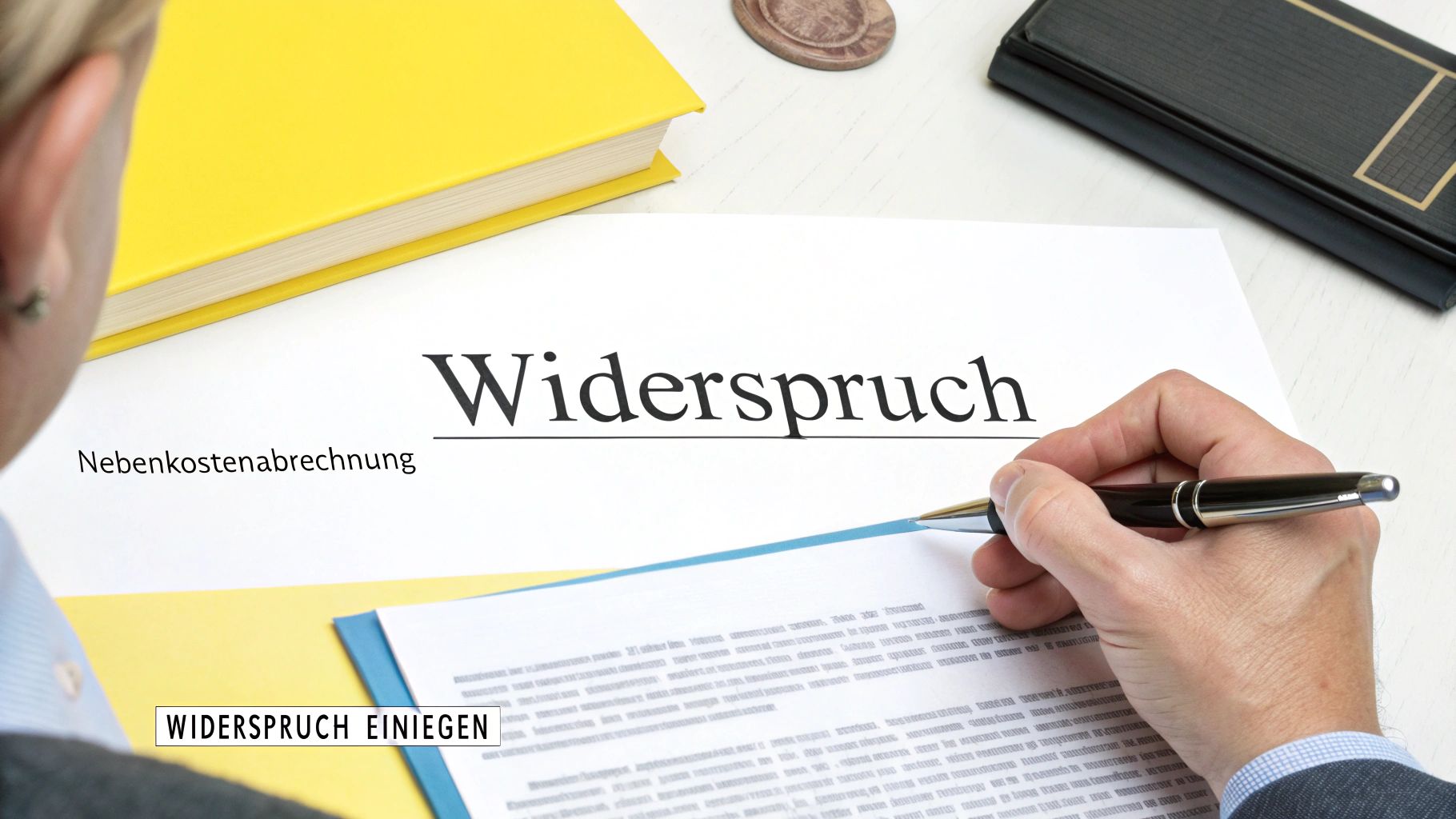 Eine Person sitzt an einem Tisch mit einer Nebenkostenabrechnung, einem Laptop und einem Fragzeichen-Symbol, was die Klärung letzter Fragen symbolisiert.