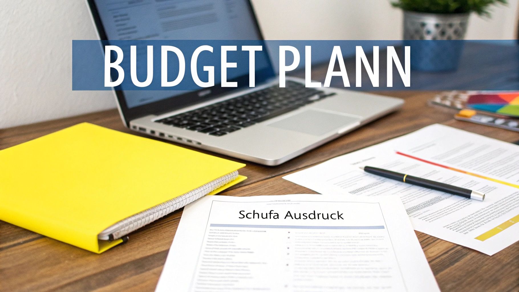 Eine Person sitzt an einem Schreibtisch mit Laptop und Notizbuch und plant ihre Wohnungssuche.