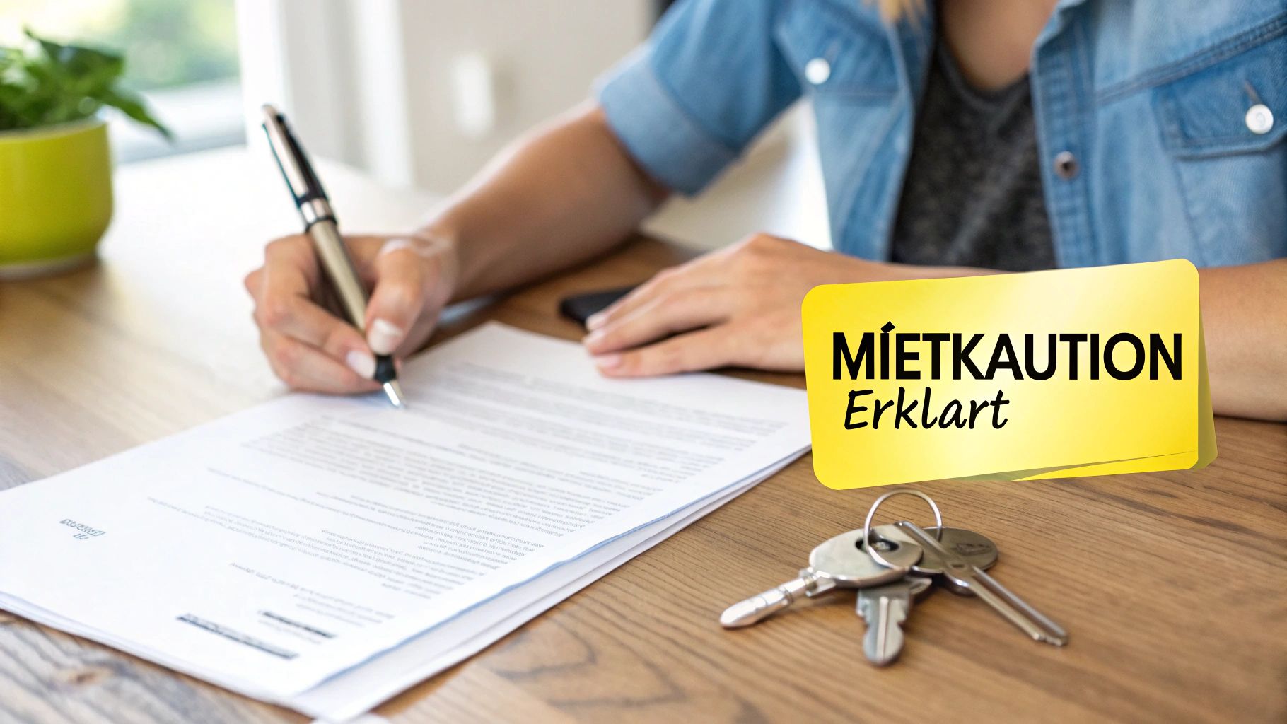 Eine Person unterschreibt einen Mietvertrag auf einem Holztisch, daneben liegen Schlüssel und ein Schild „MIETKAUTION Erklärt“.