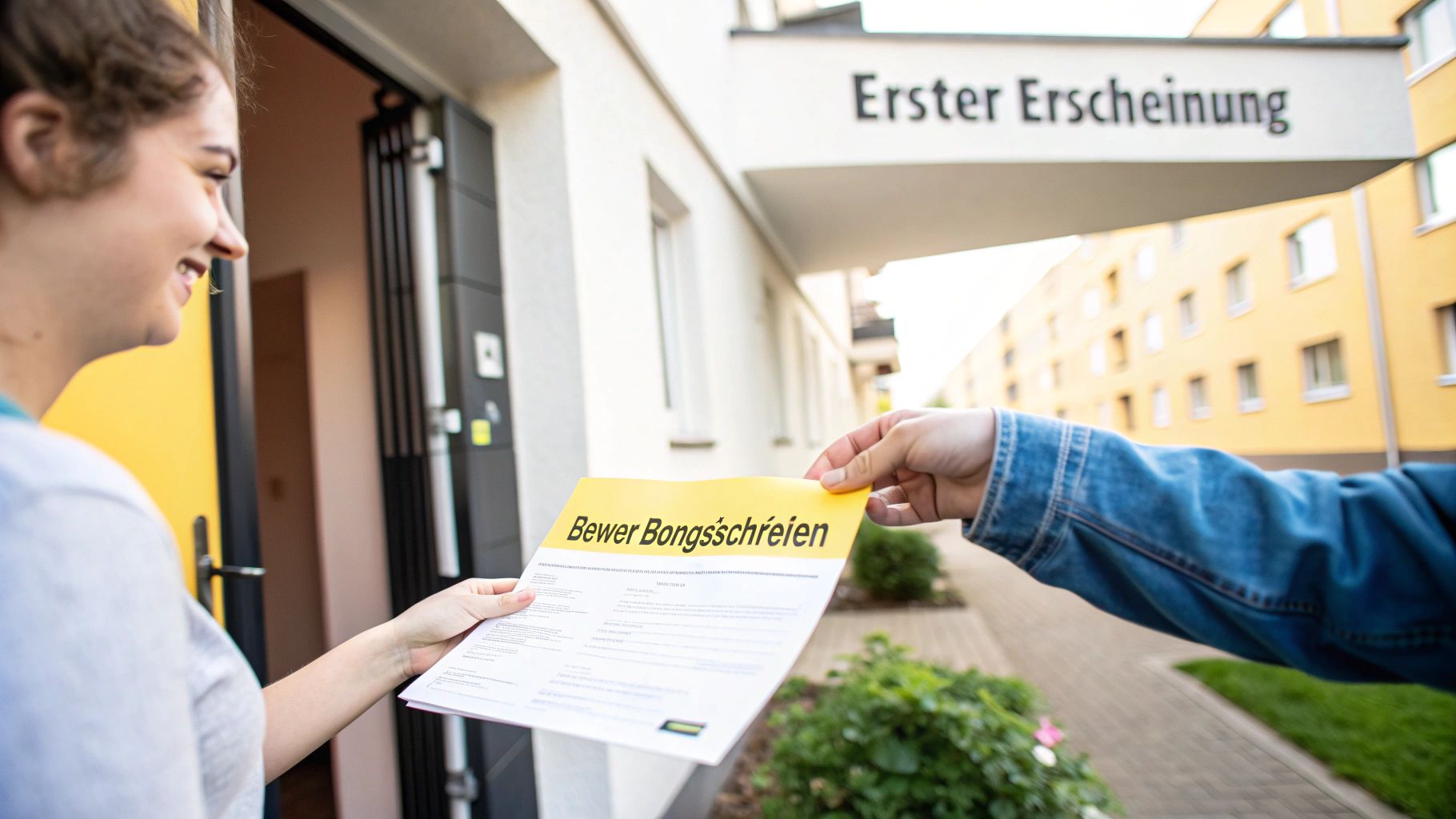 Eine Person schreibt an einem Holztisch ein Bewerbungsschreiben für eine Wohnung.