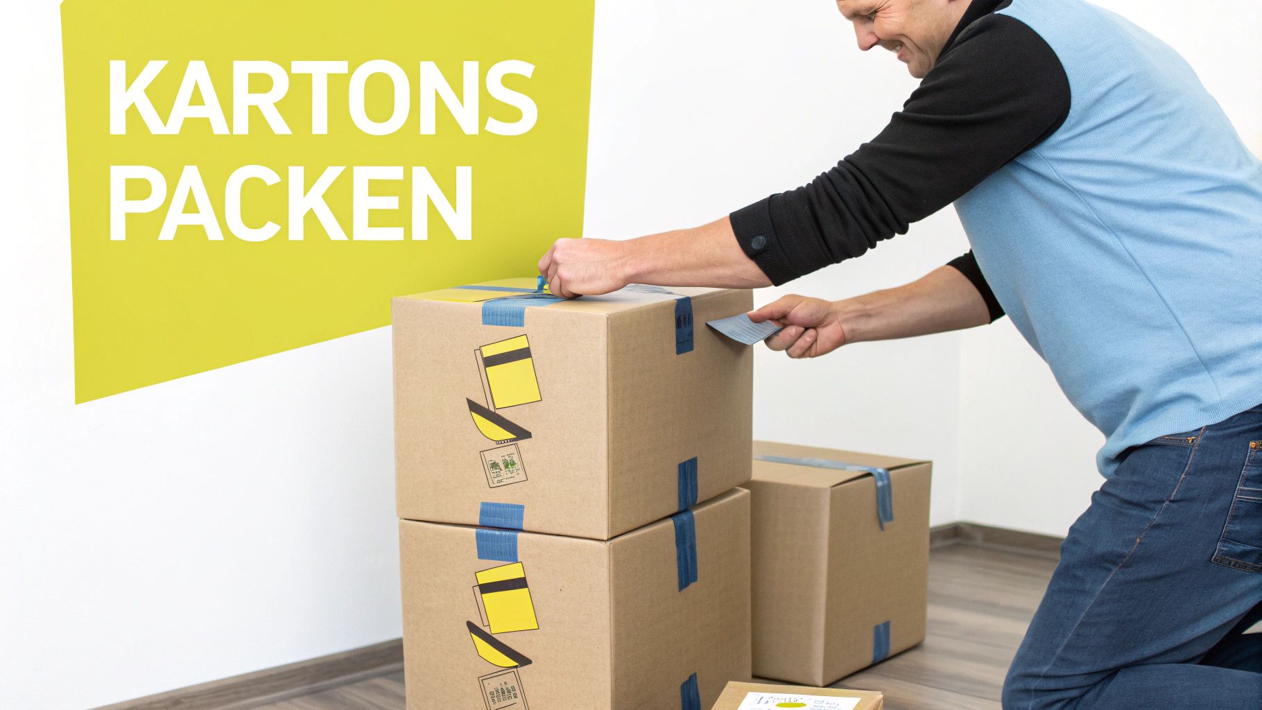 Eine Person packt systematisch einen Umzugskarton, während im Hintergrund weitere beschriftete Kartons stehen.