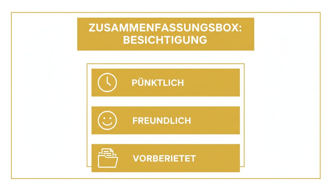 Infografik mit drei wichtigen Tipps für die Immobilienbesichtigung: Pünktlich, freundlich, vorbereitet.
