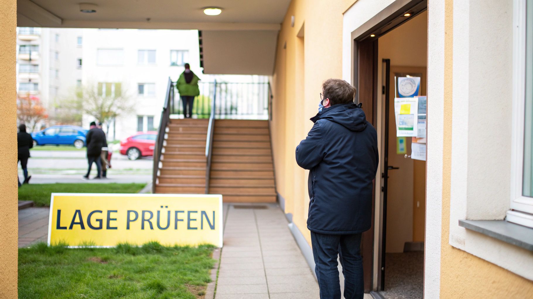 Eine Person blickt nachdenklich aus dem Fenster einer Wohnung auf die umliegende Nachbarschaft.
