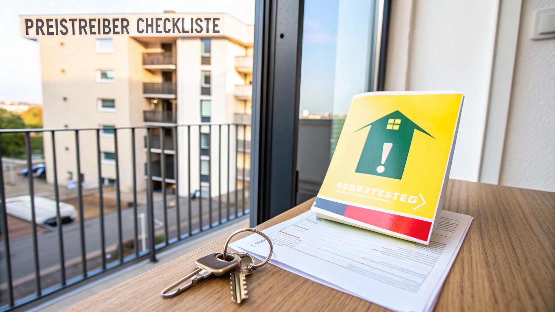 Schlüssel und Dokumente auf Holztisch, mit Broschüre und 'PREISTREIBER CHECKLISTE' im Vordergrund. Hintergrund zeigt Apartmentgebäude.