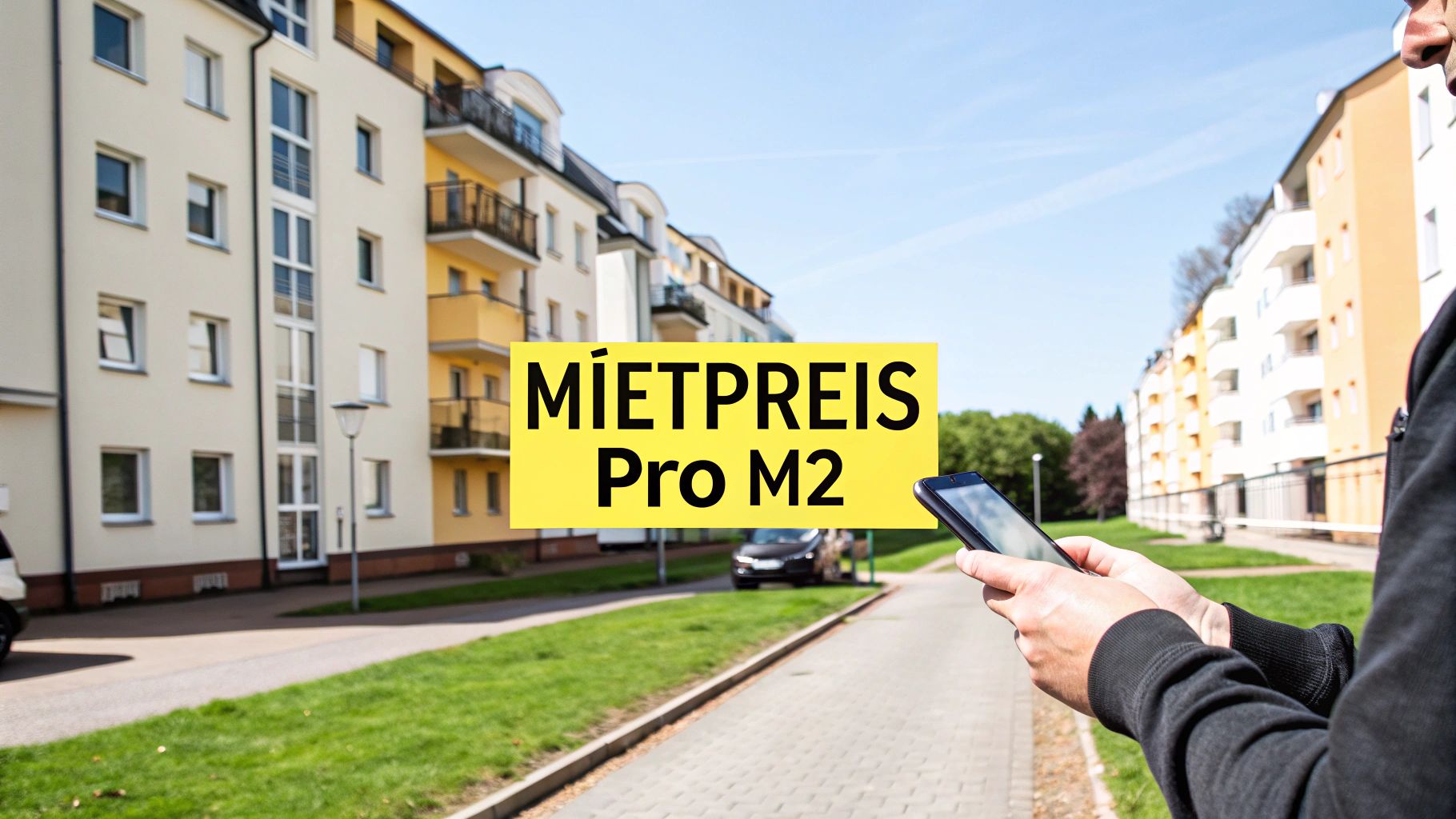 Person betrachtet Smartphone mit Overlay 'MIETPREIS Pro M2' vor modernen Wohngebäuden und blauem Himmel.
