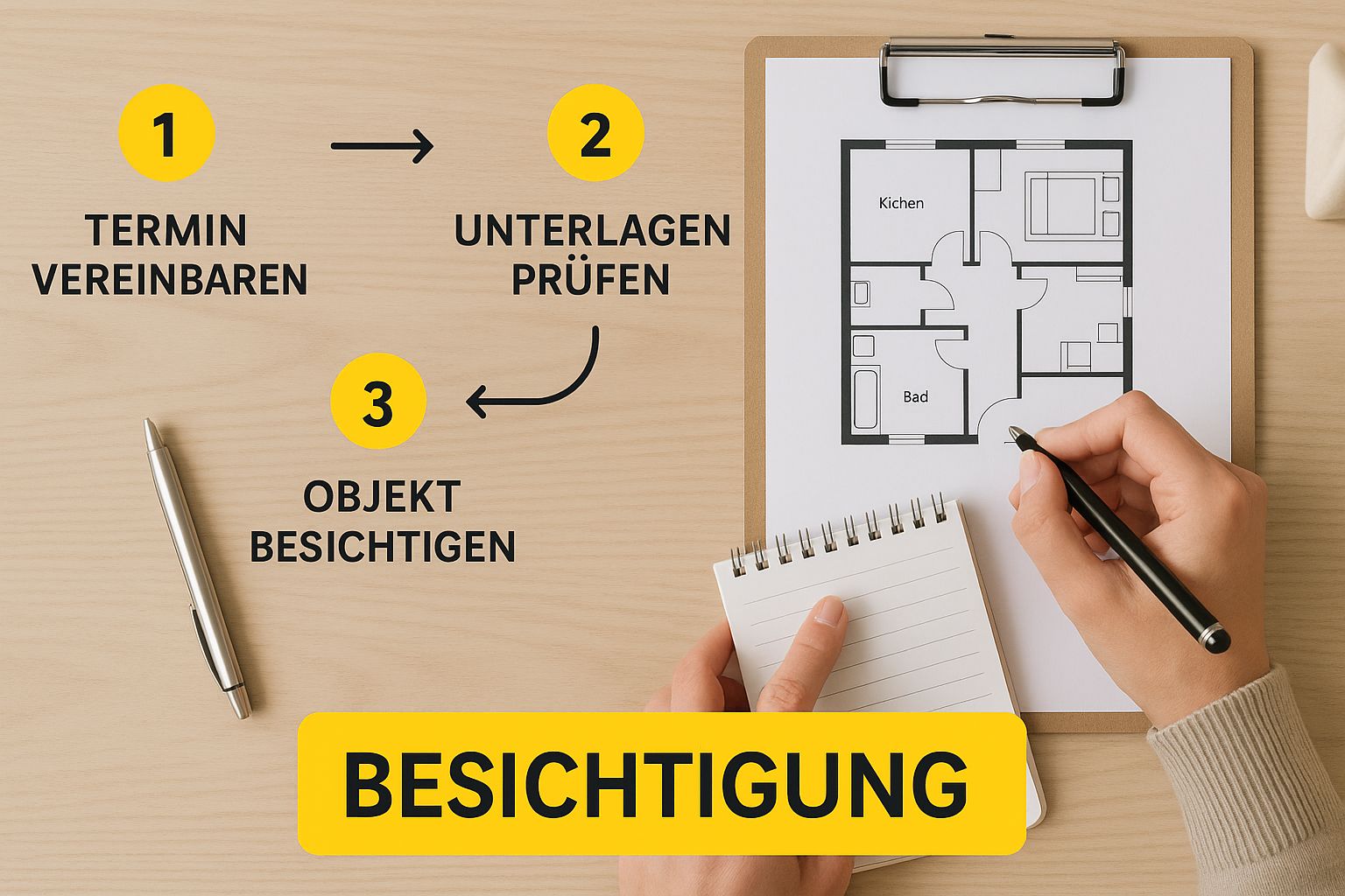 Eine Person macht sich Notizen auf einem Klemmbrett neben dem Grundriss einer Wohnung, im unteren Drittel des Bildes steht das Wort 'Besichtigung'.