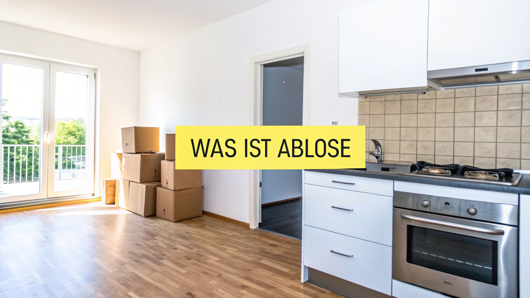 Helles, leeres Apartment mit Holzboden, Umzugskartons, moderner Einbauküche und dem Text 'WAS IST ABLOSE'.