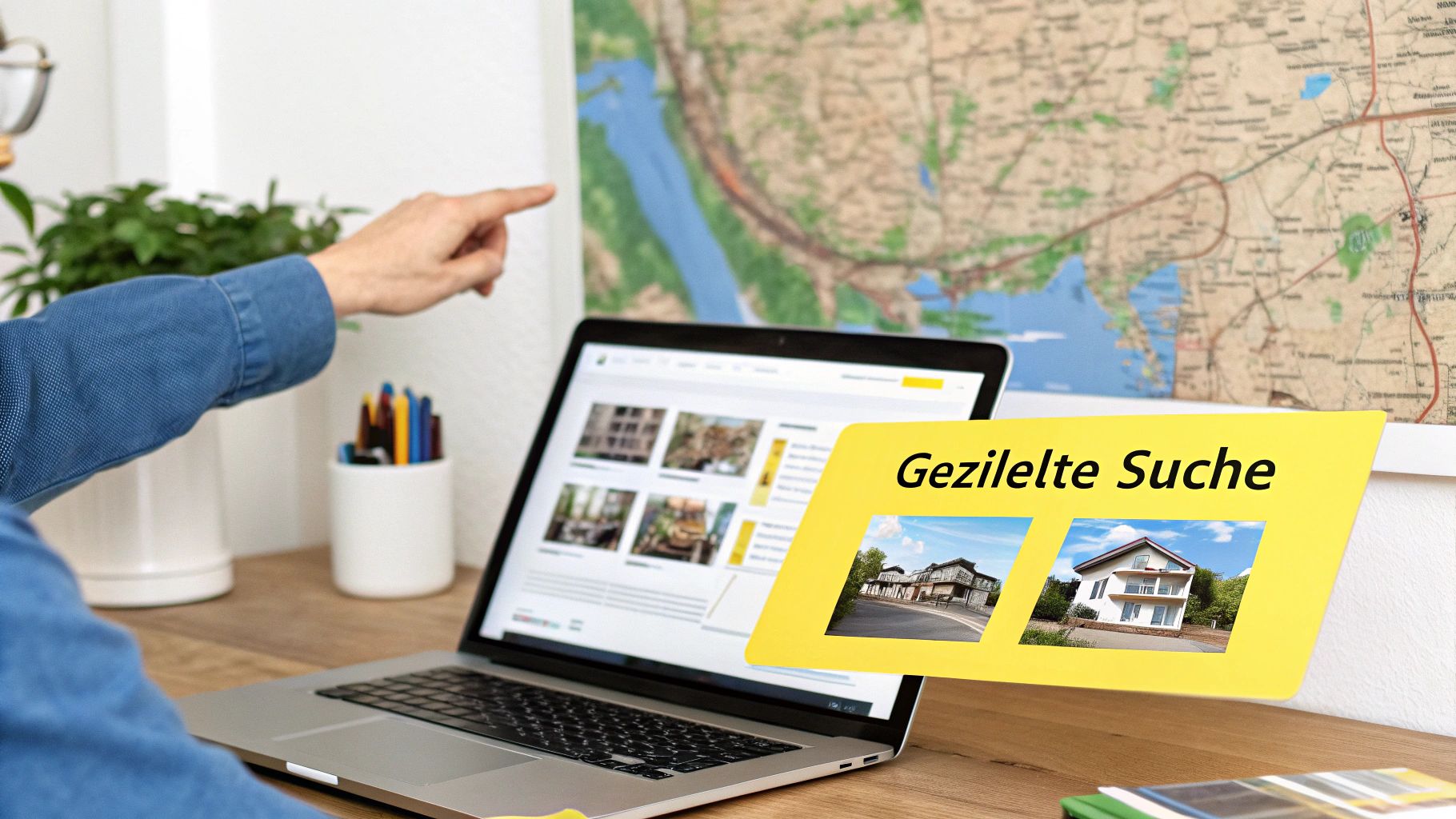 Person sucht auf Laptop und Karte nach Immobilien, mit einer gelben Notiz 'Gezielte Suche' und Häusern.