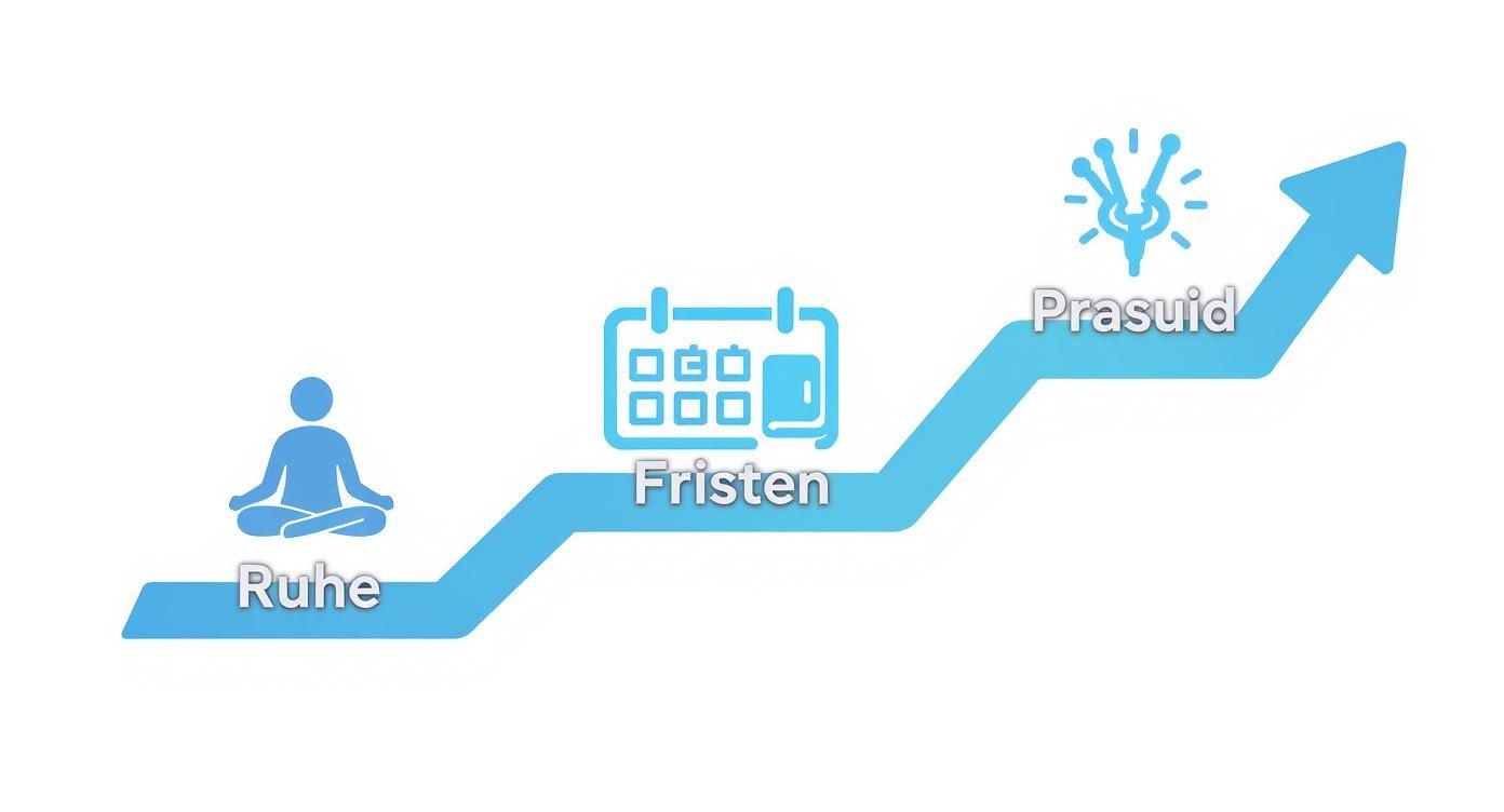 Eine aufsteigende blaue Linie zeigt drei Phasen: Ruhe (Meditation), Fristen (Kalender) und Prasuid (Ideen).