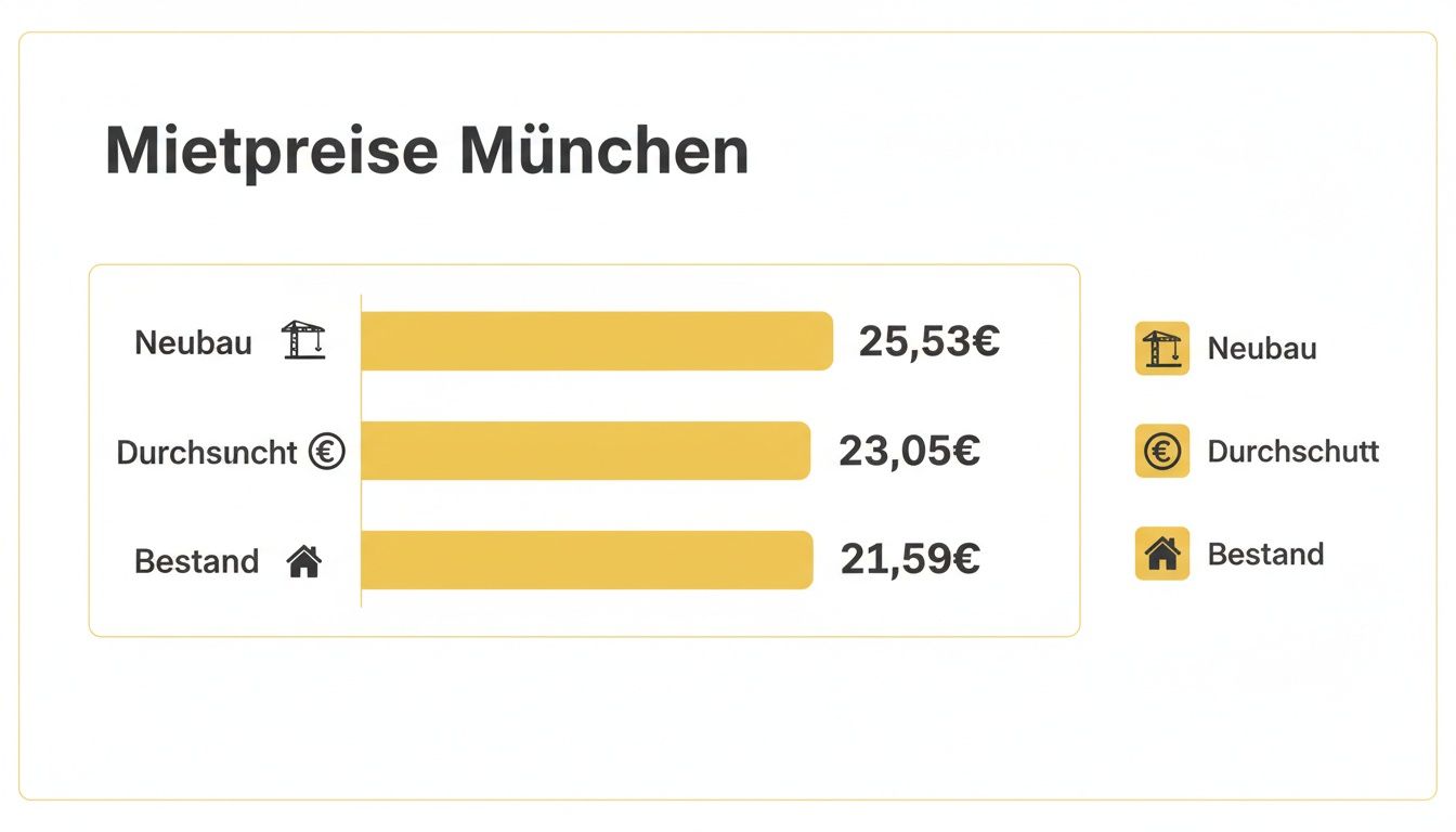 Balkendiagramm zeigt Mietpreise in München: Neubau 25,53€, Durchschnitt 23,05€, Bestand 21,59€ pro Quadratmeter.