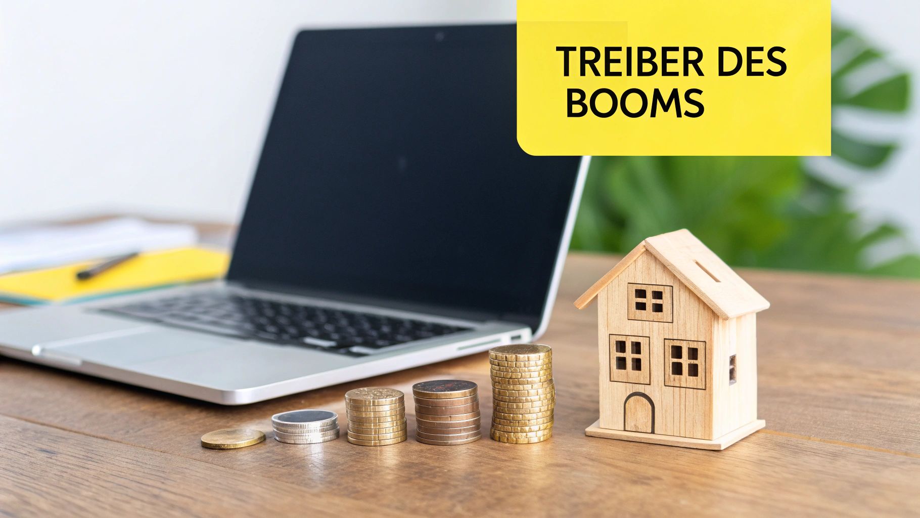 Ein Laptop, Münzstapel und ein Holzhaus auf einem Schreibtisch mit Notiz 'TREIBER DES BOOMS'.