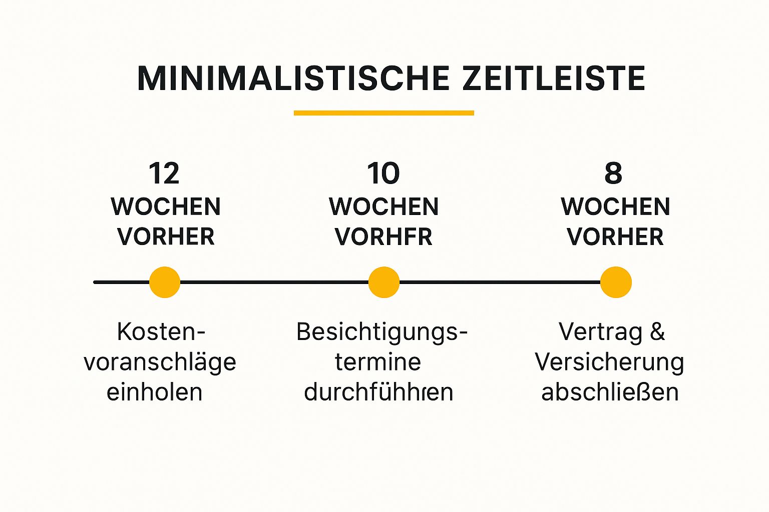 Infografik, die eine Zeitleiste für die Beauftragung eines Umzugsunternehmens zeigt: 12 Wochen vorher Kostenvoranschläge einholen, 10 Wochen vorher Besichtigungstermine, 8 Wochen vorher Vertrag & Versicherung abschließen.