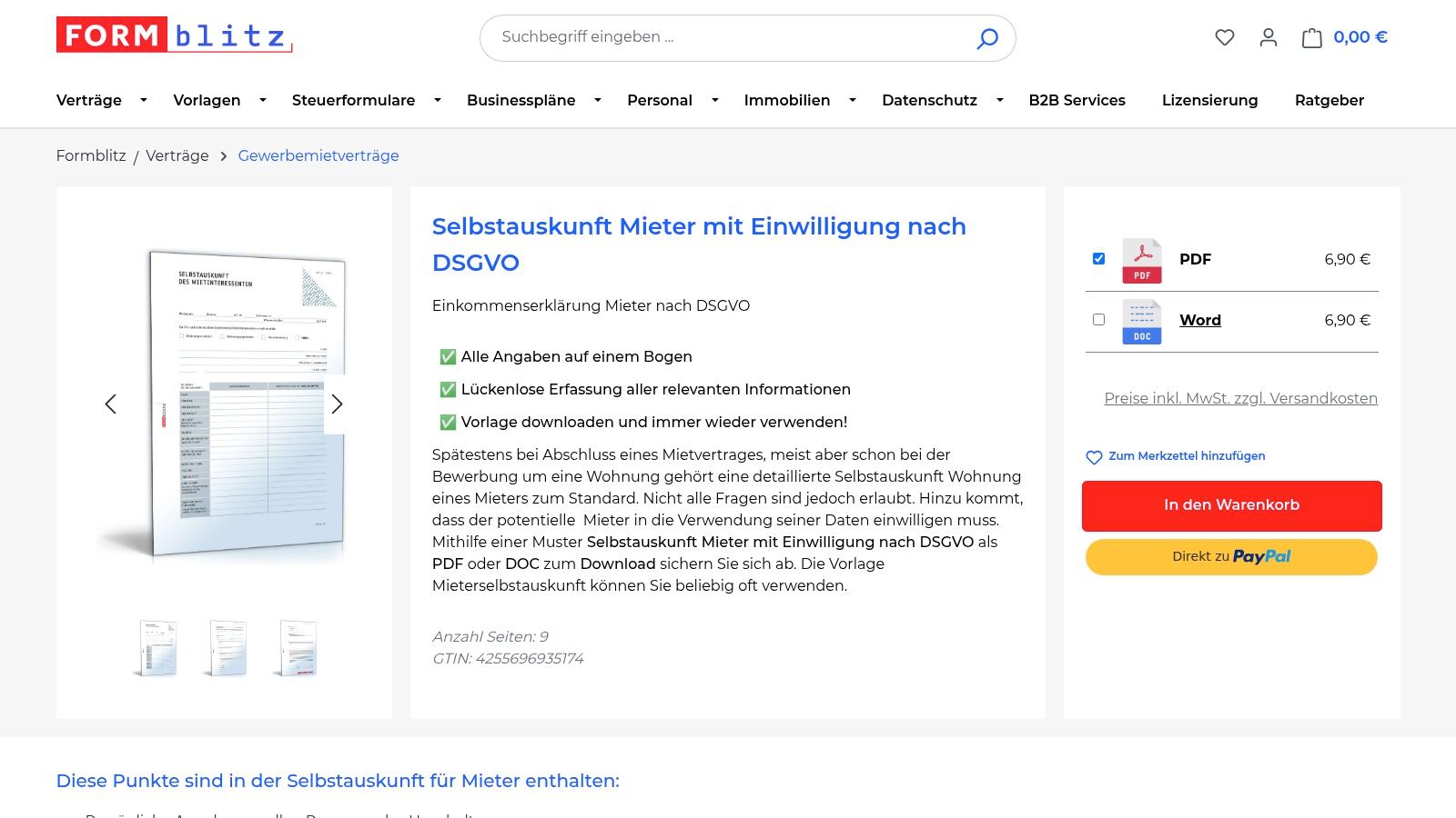 FORMBLITZ – Selbstauskunft Mieter