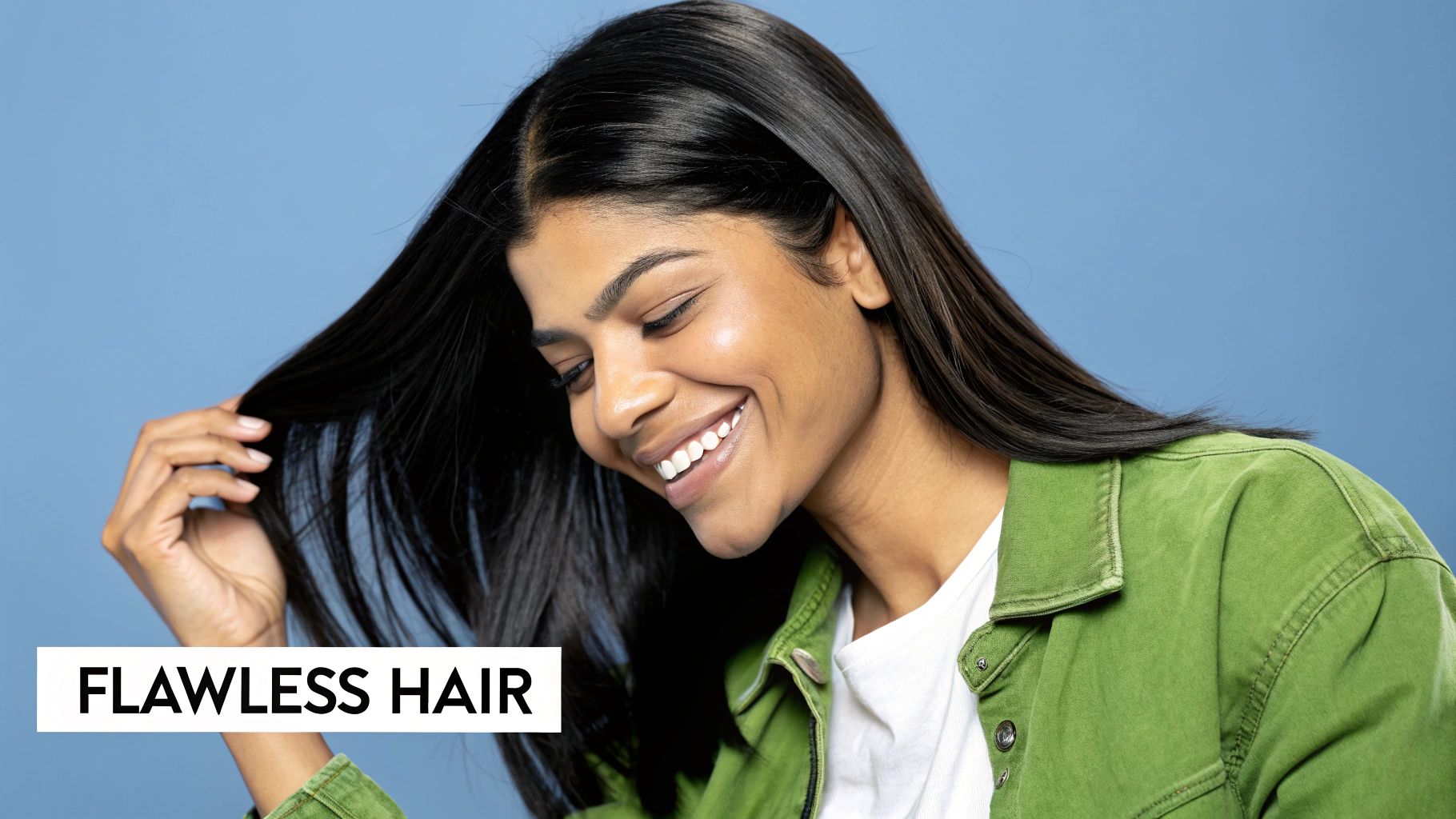 A woman with long, shiny hair, smiling as she applies a hair product