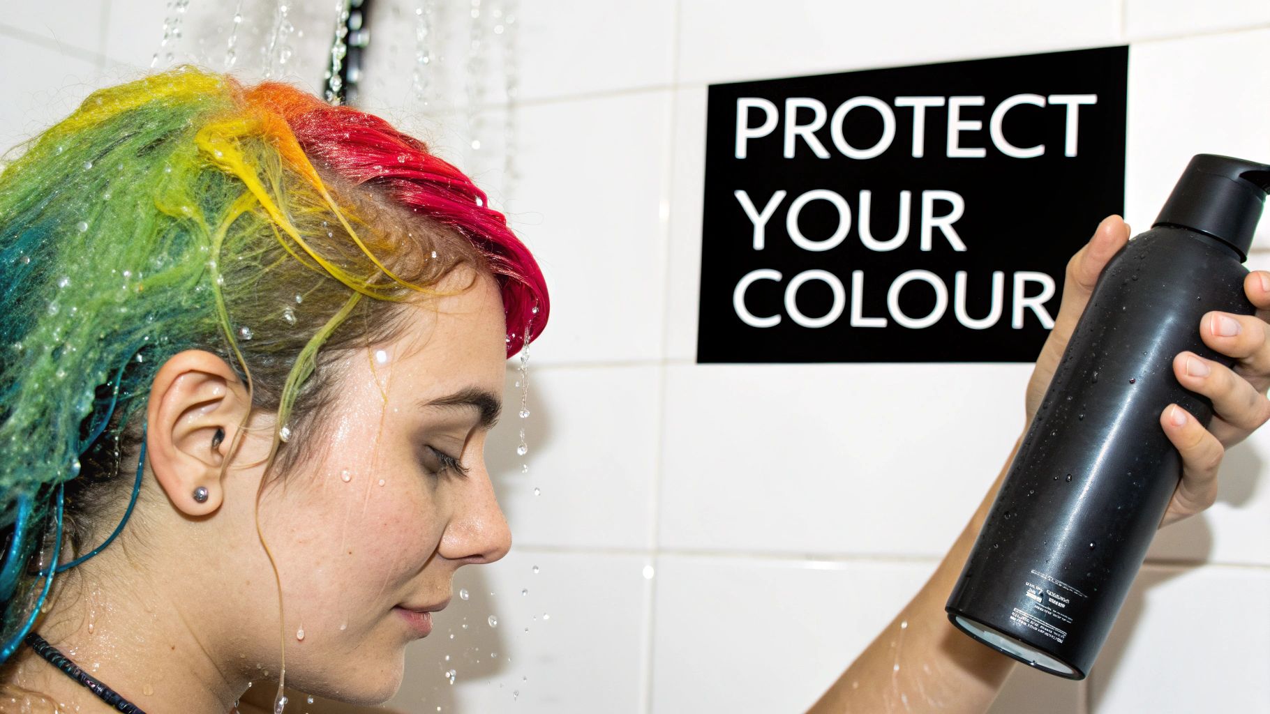 A woman with vibrant pink hair washing it with shampoo.