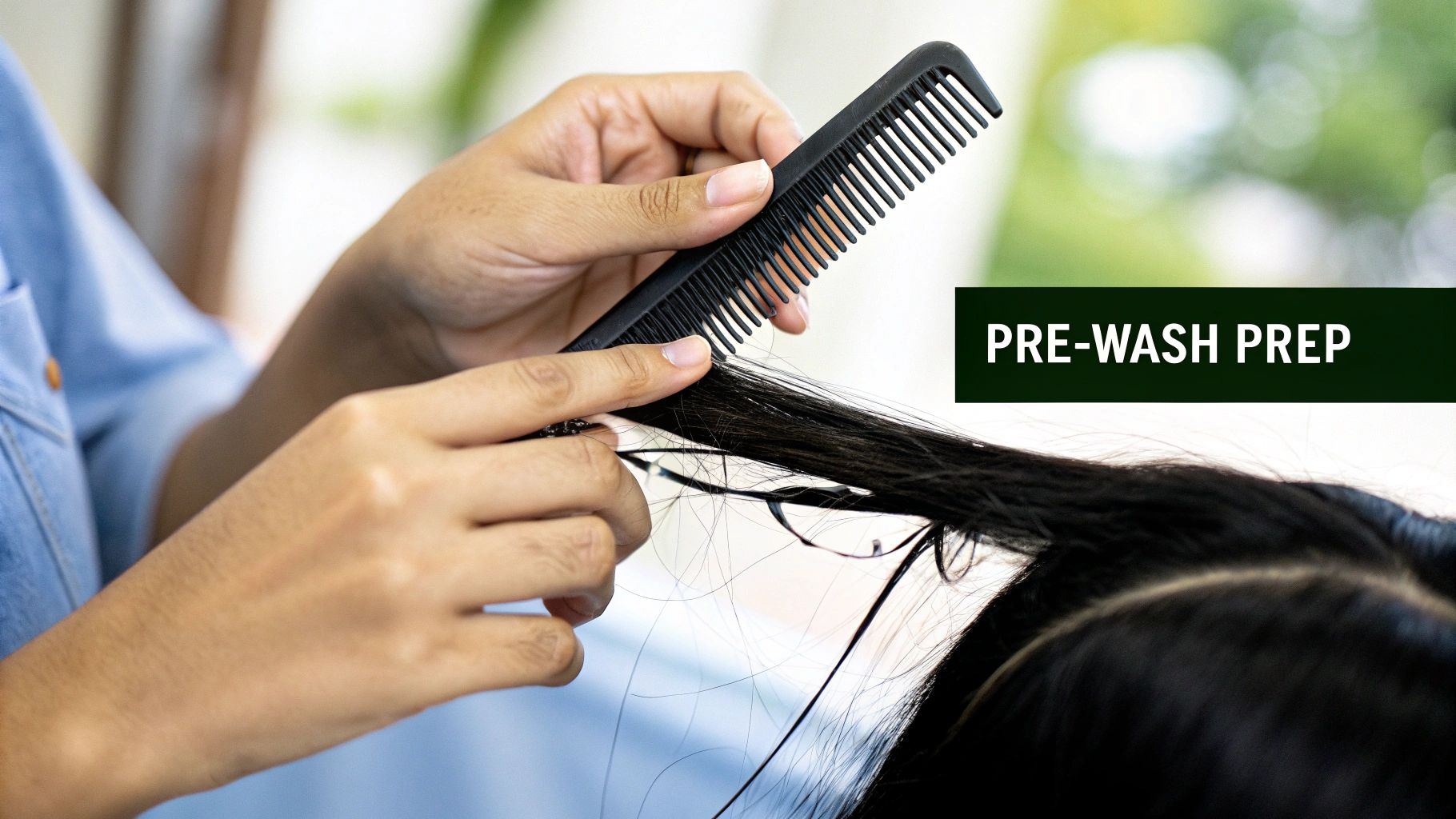 Person gently combing their long, smooth hair with a wide-tooth comb.