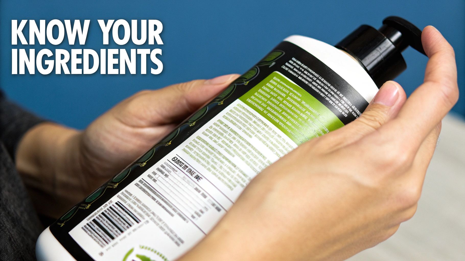 A person examining the ingredient label on one of our shampoo bottles, looking confident and informed.