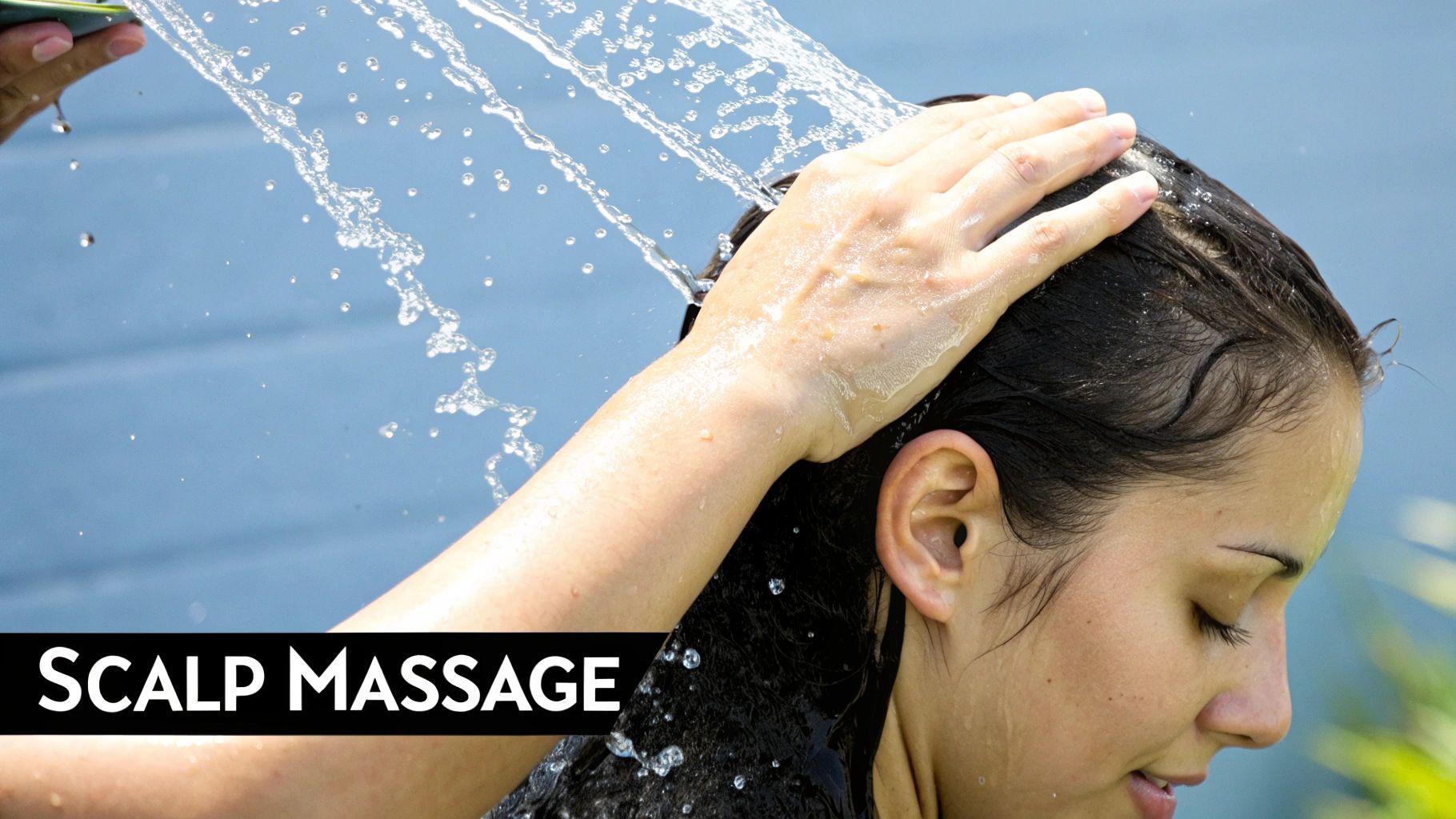 A person applying shampoo to their wet hair in a shower, focusing on massaging the scalp.