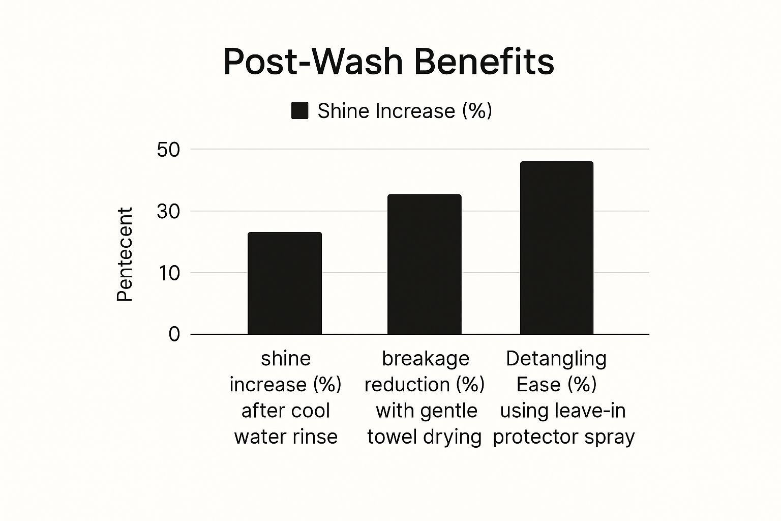 Infographic titled 'Post-Wash Benefits' showing a bar chart. The chart compares the Shine Increase from a cool water rinse (23%), Breakage Reduction from gentle towel drying (35%), and Detangling Ease from using a leave-in protector spray (45%).