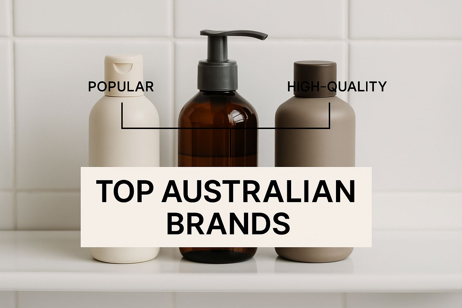 A close-up of three shampoo bottles neatly arranged on a clean bathroom shelf, with the text 'Top Australian Brands' overlaid.